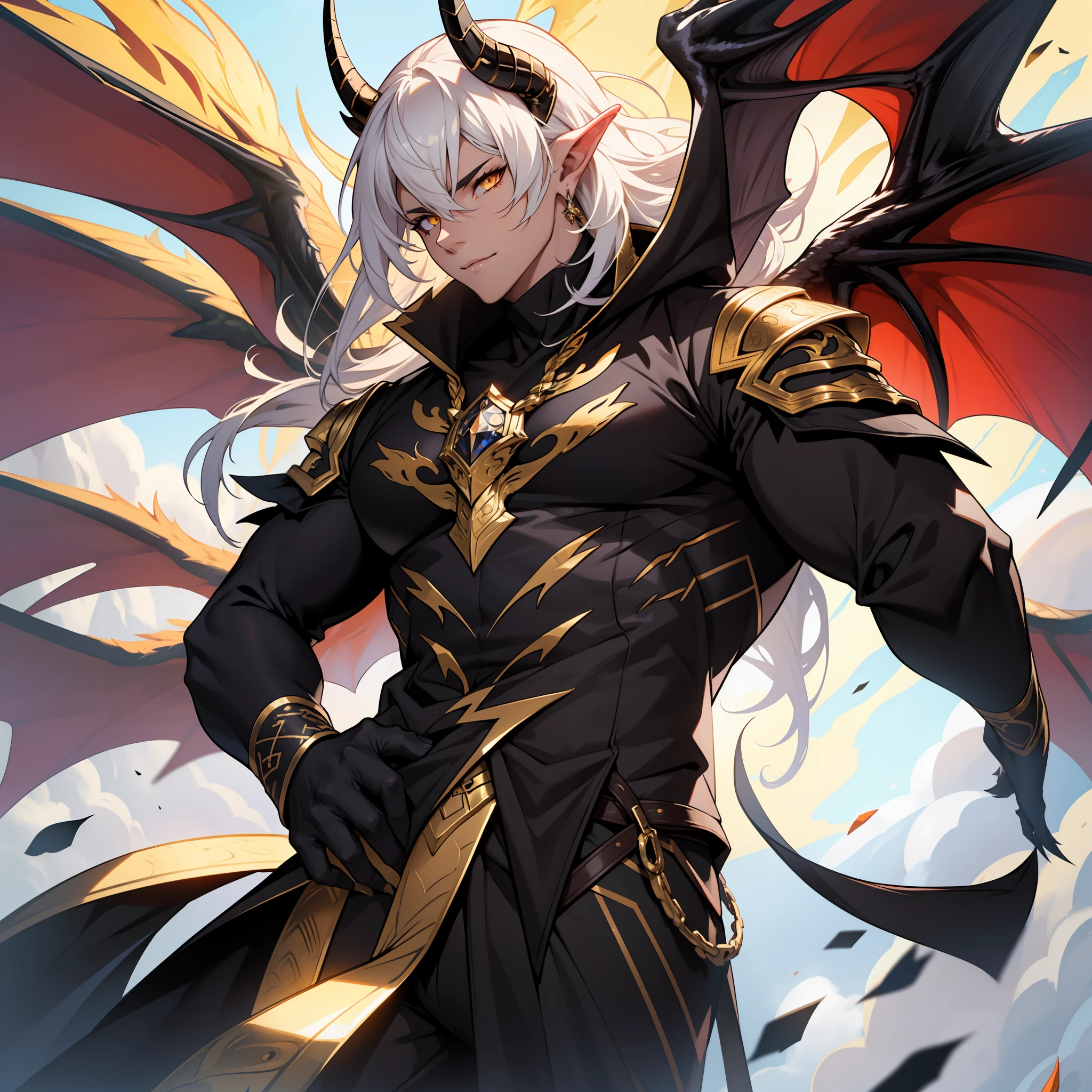 Dragon with black scales and long talons. Horns. Golden eyes. Huge wings. Golden soft eyes
