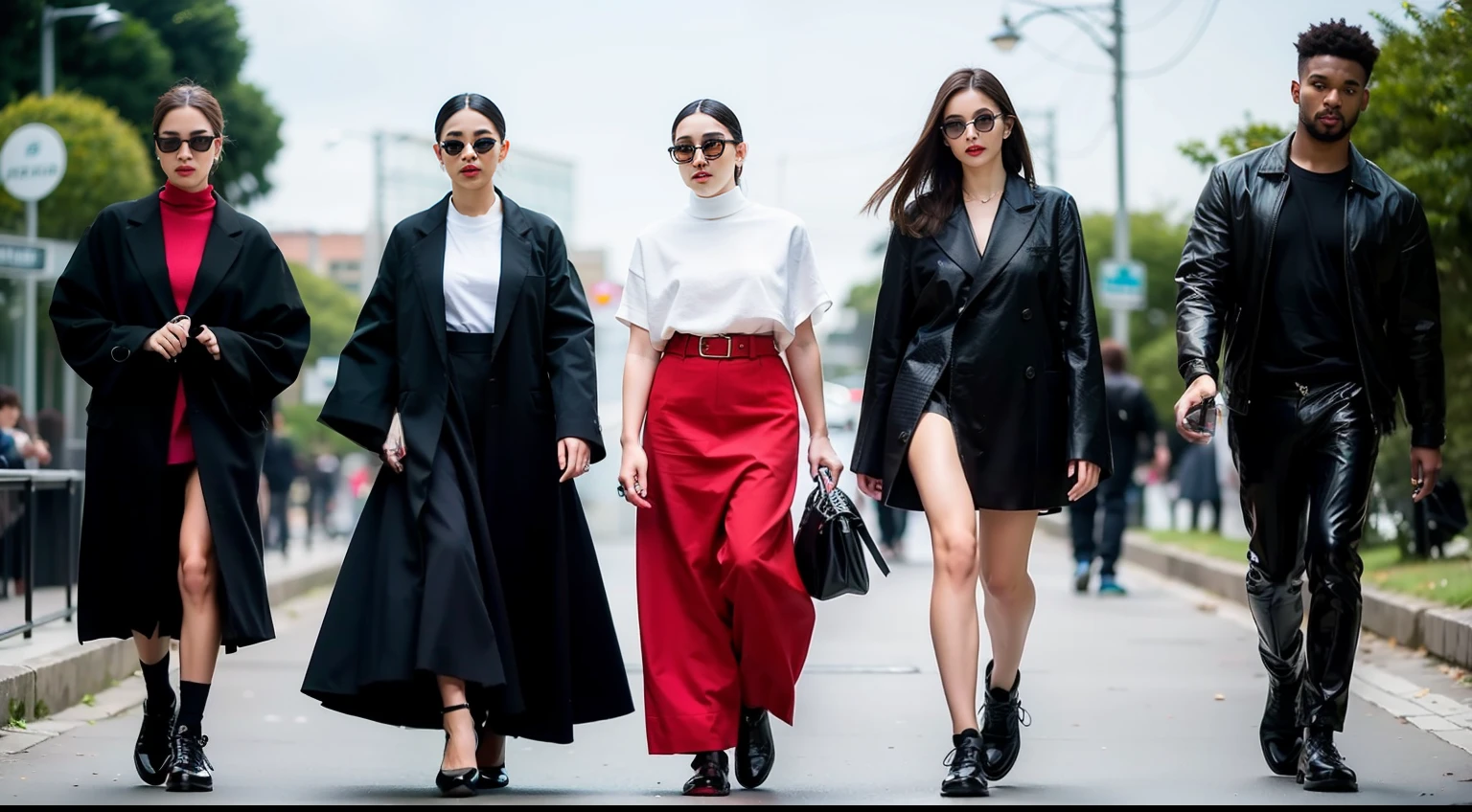 um desfile de moda conceitual, Temporada surreal, Fashion influencer trends, pessoas normais urbanas, Trend in Fashio magazine