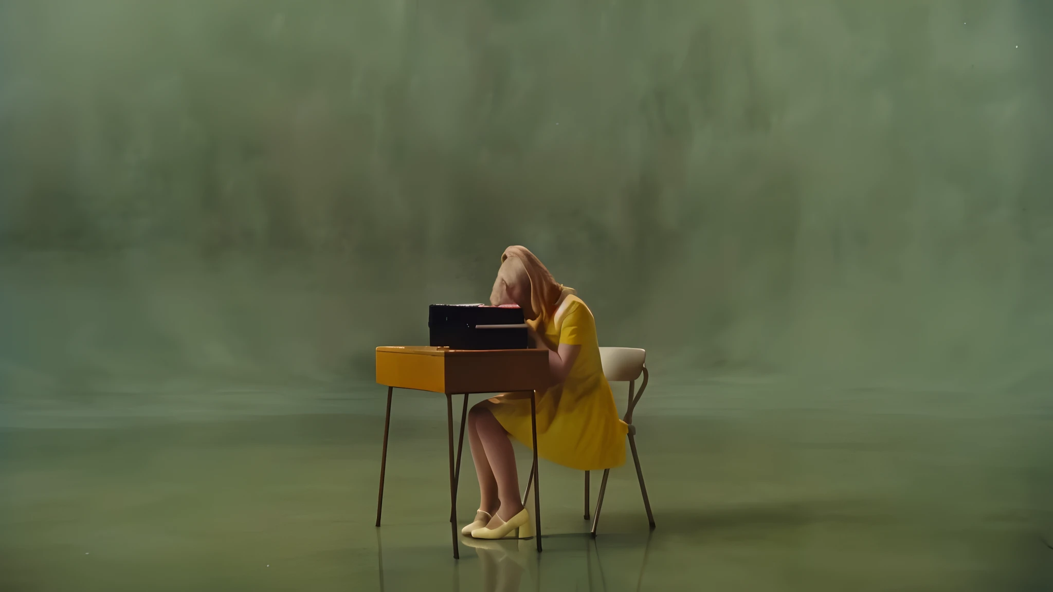 there is a woman sitting at a desk with a laptop, still from a music video, video still, music video, a24 cinematography, in roger deakins style, inspired in balthus, youtube video screenshot, screenshot from a movie, by Morris Kestelman, stunning cinematography, beautiful cinematography, still from a wes anderson film, sitting at a desk