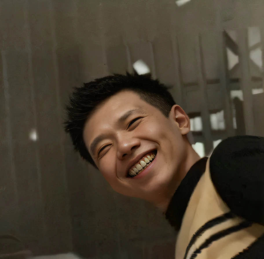 Smiling man in black and yellow sweater holding white frisbee, very very low quality picture, Cao Shuxian, he is smiling, steve zheng, very very low quality, low quality photo, grainy low quality, victor ngai, reuben wu, kevin hou, slight nerdy smile, low quality grainy, taken in the early 2020s