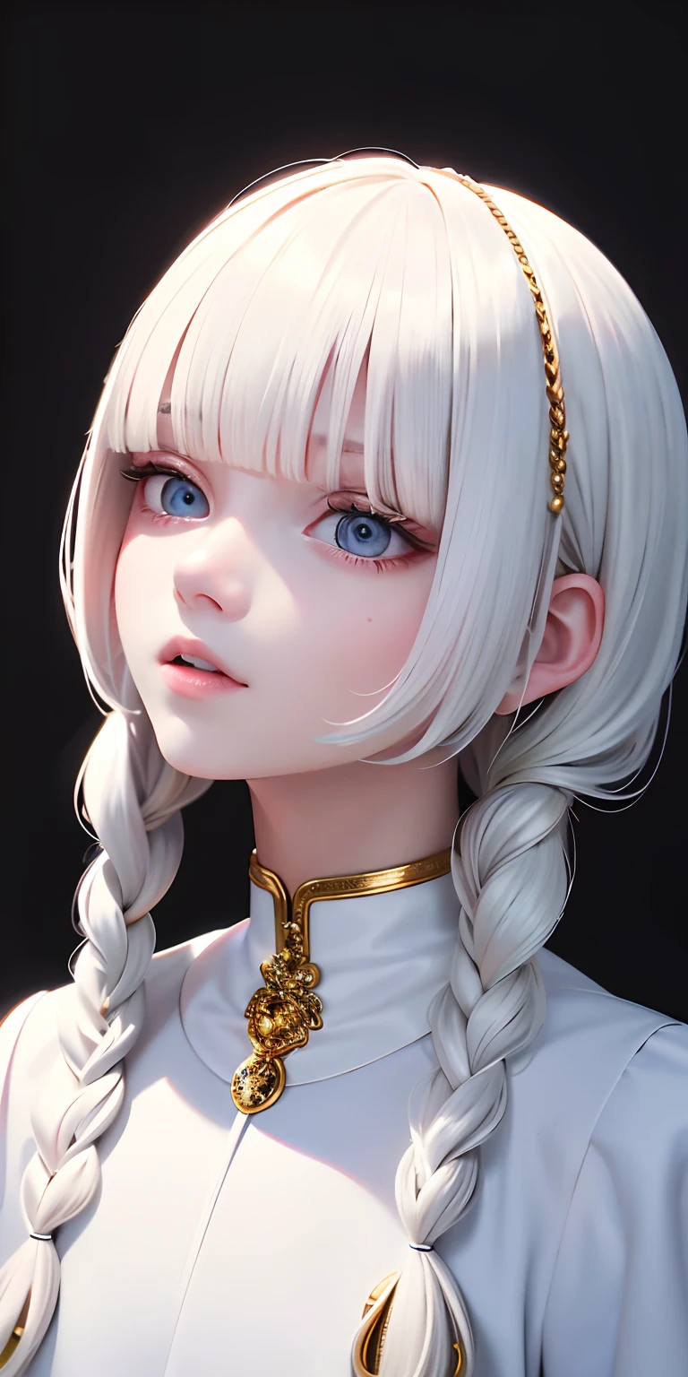 best quality, masterpiece,white hair, gold eyes,white clothes, looking up, upper body,hair strand,Fair skin,side braids