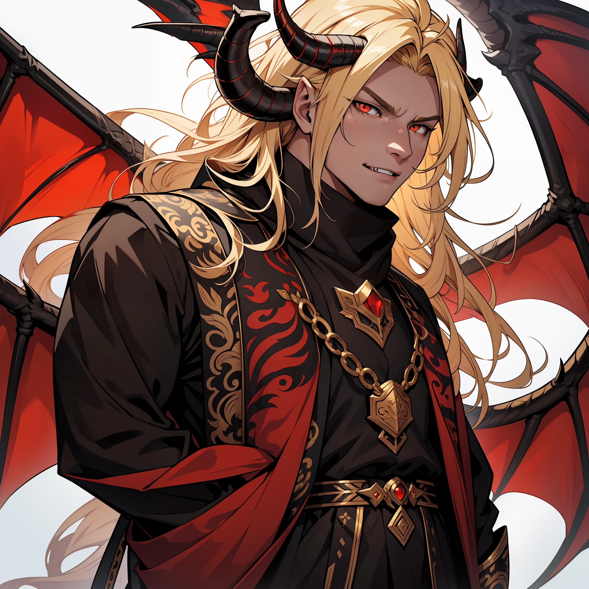 Dragon with black scales and long talons. Horns. Golden eyes. Huge wings. soft eyes. Dragon in human form. Lomg hair. Blonde hair. Red eyes. Roman nose. Fangs. Soft expression. Soft look. Tall muscular male.