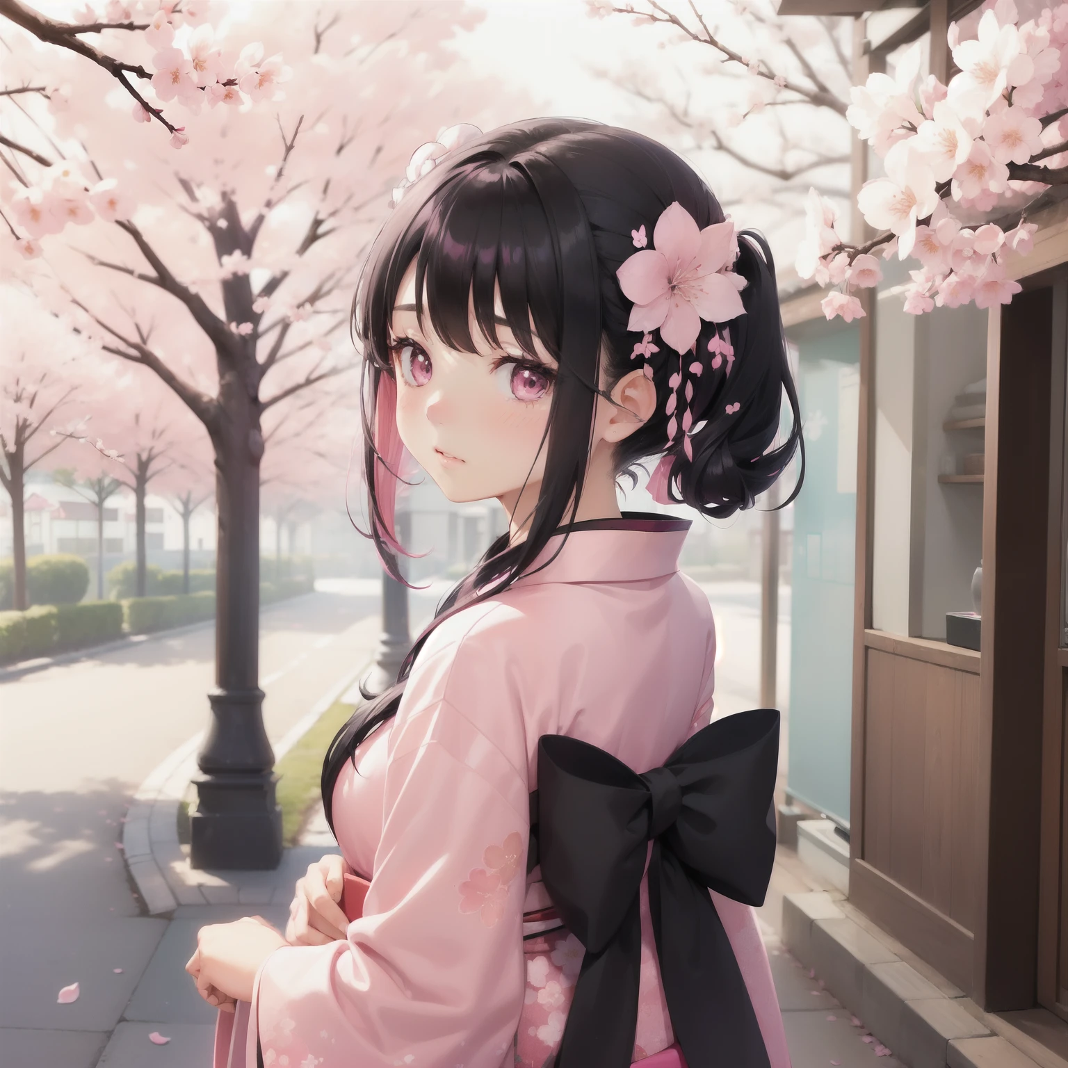 (1girl in:1.3)、(Half pink and half black hair:1.2)、At dusk、colourfull、cherryblossom、Fantastical、Wearing a pink and white kimono、Beauty of the spirit、Cherry blossoms flutter、Beautie、flower language（Don't forget me）、Sad face