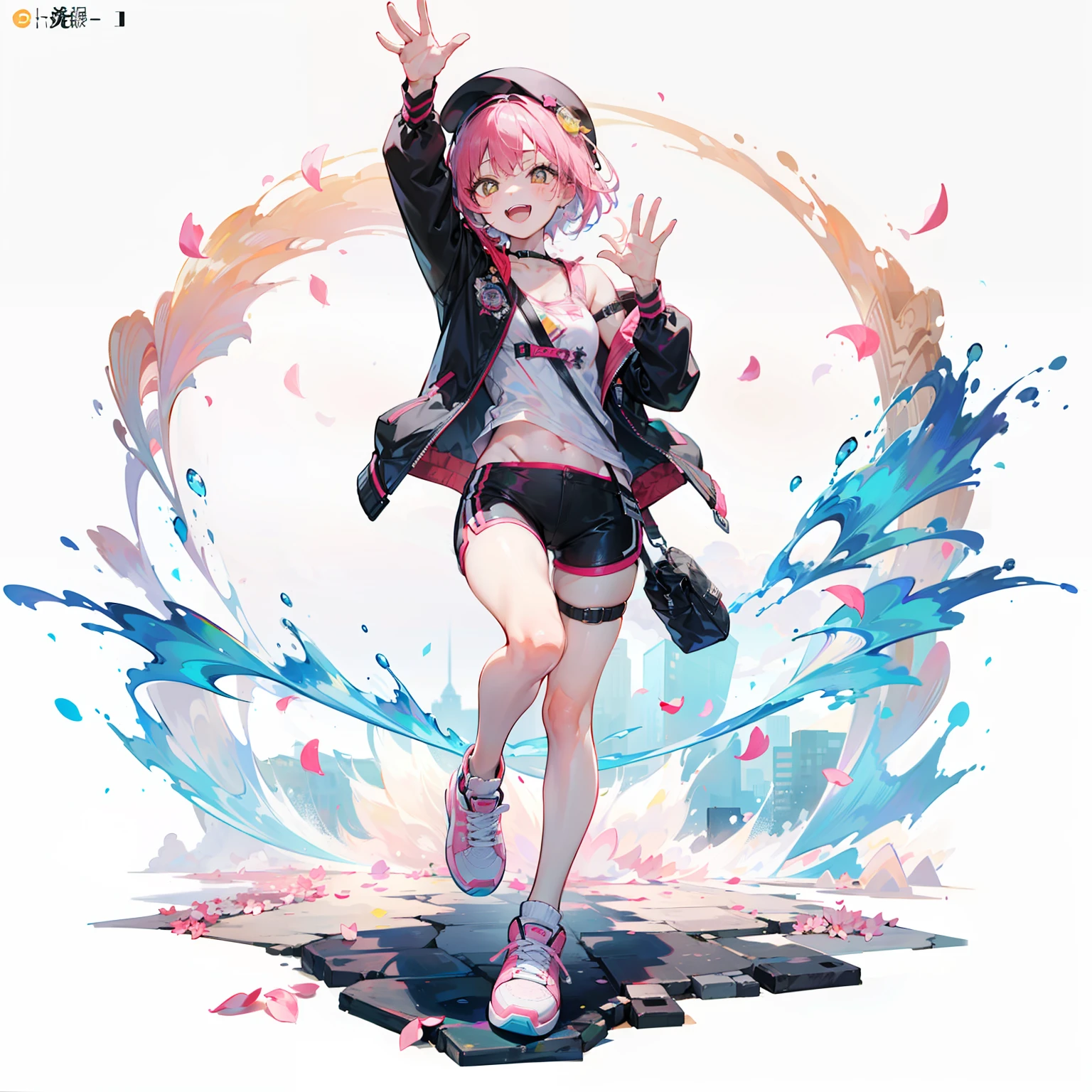 1girll，独奏，((full bodyesbian))，standing on your feet，（pink short hair），(Heads-up)，（beret），（Pink and black punk jacket） ，（Shoulder cross-body bag），（Leg straps），（（Short hot pants）），（laughingly），athletic sneakers，Waving，（Orange-yellow pupils），Fluttering petals，[White background 1：：5]，flatchest，Toddler image，Flowing pink clouds
