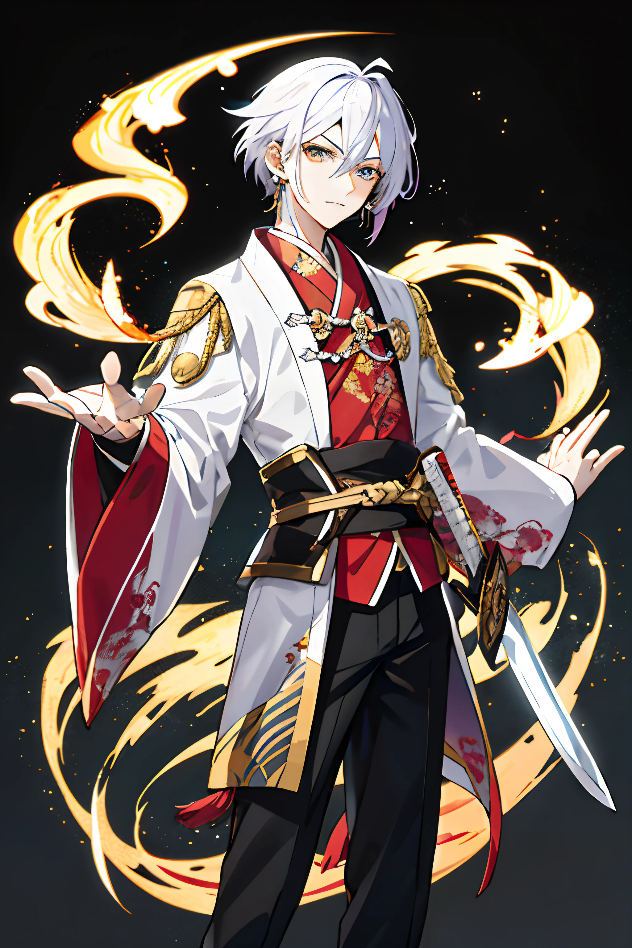 A teenager with white hair but a lilac gradient with pointed hair，quadratic element，2D flat style painting。Golden eyes，There are earrings on the right ear，Dressed in period costume，He had a sword on him，stand posture，Handsome，Wearing black gloves，But showing the fingers，There is only one person in the picture，Medium length hair，wearing ancient Chinese costume，The clothes are tattered，Quacks，Be in spirits，shoun，