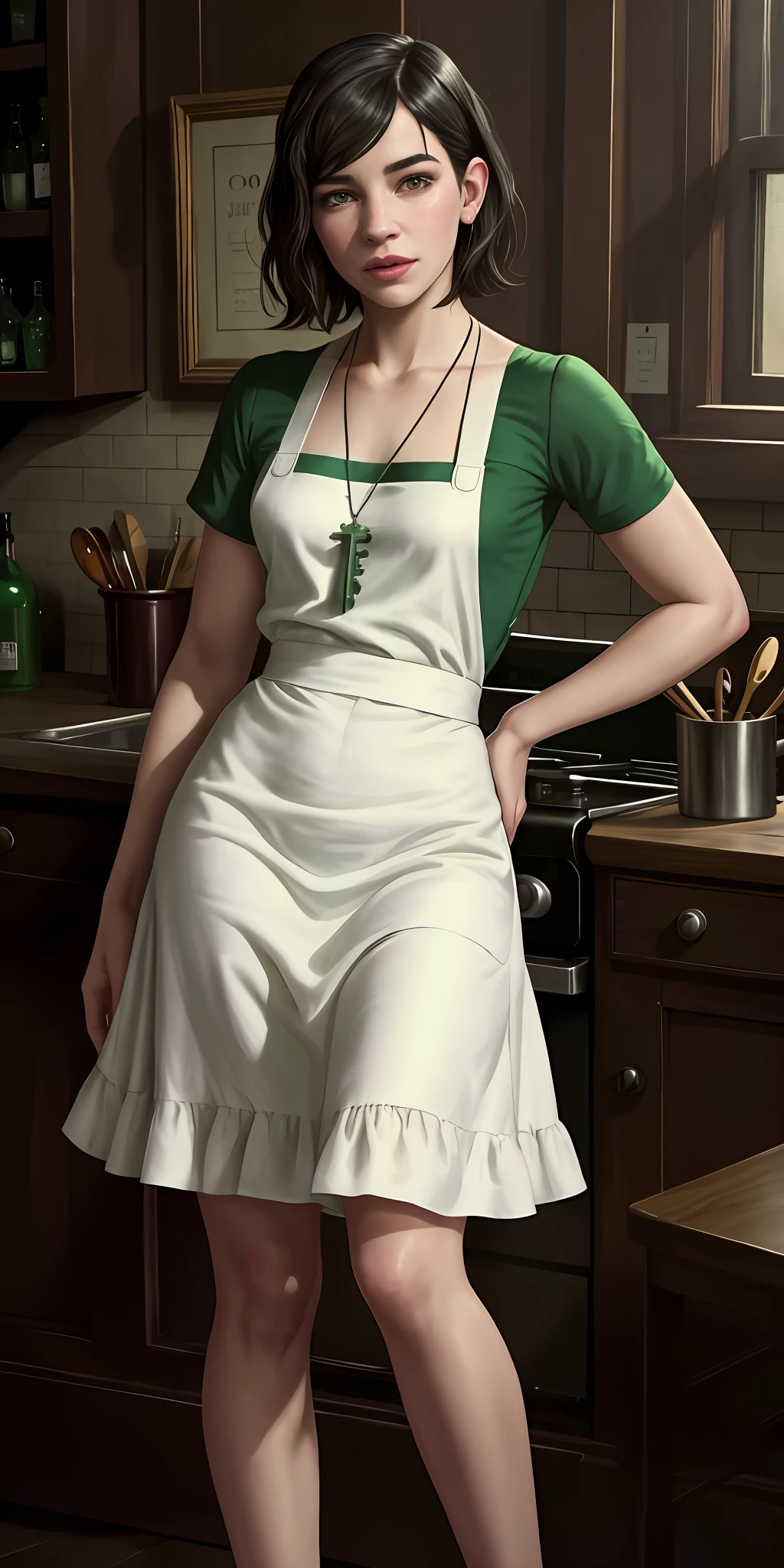 (Dua Lipa:Evangeline Lilly) waitress, (white ?????), green shirt, 1920 style, masterpiece, Lovecraft atmosphere, (pendant of a key), by Stjepan sejic.