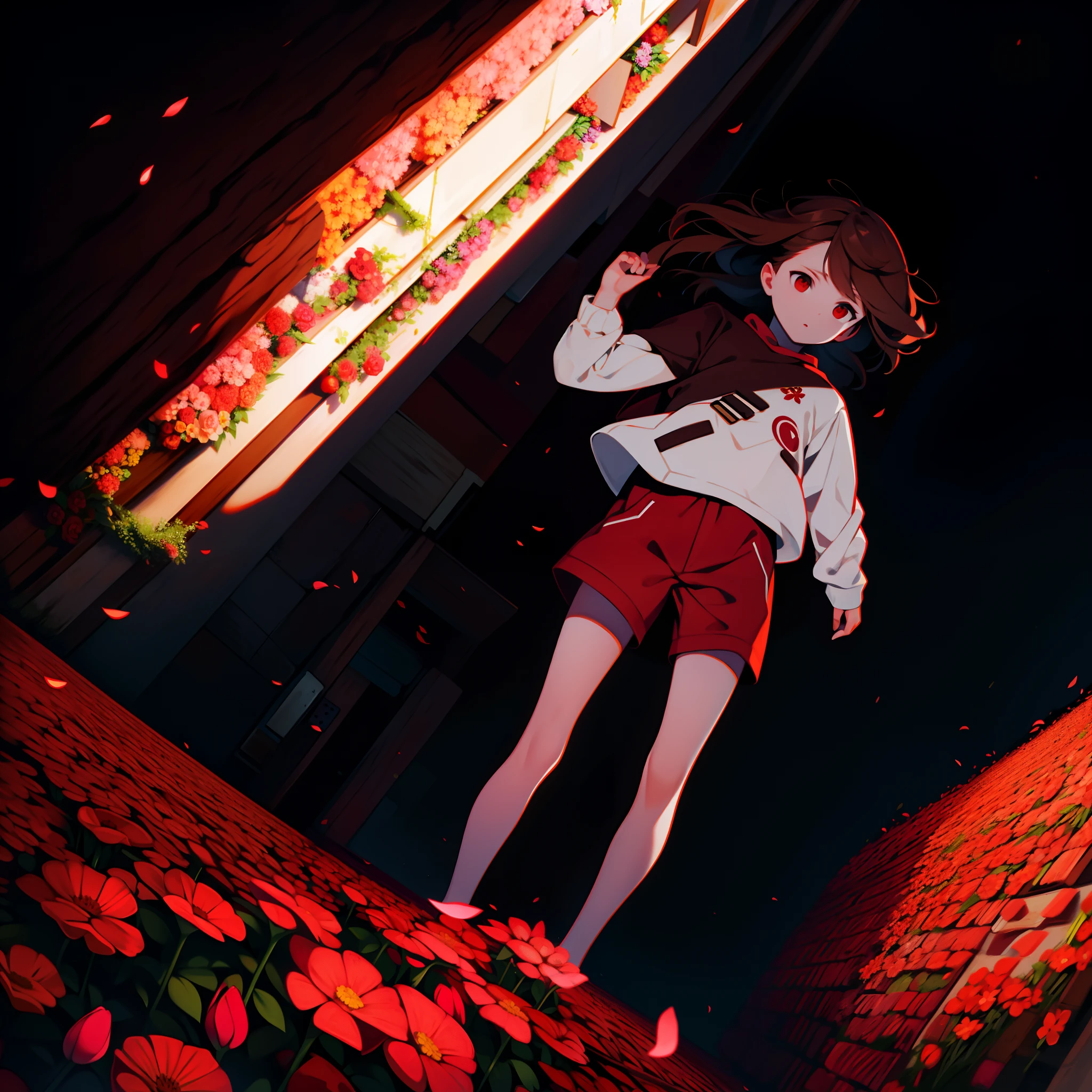 A brown-haired,white skinned,Red eyes,brown shorts,In a sea of flowers,Run