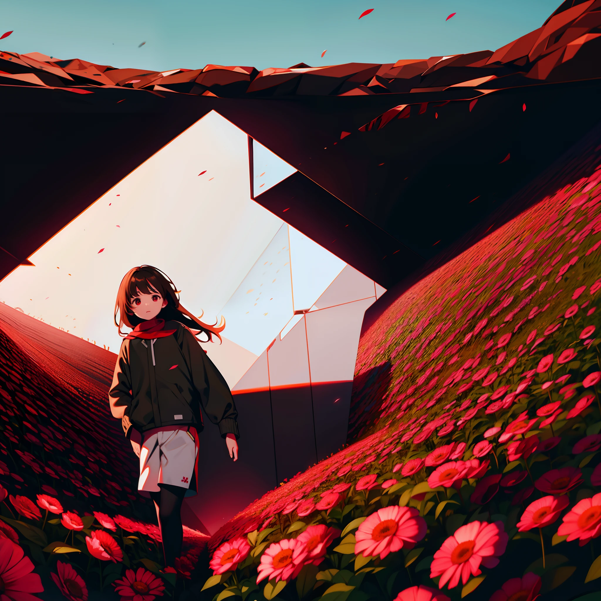 A brown-haired，white skinned，Red eyes，brown shorts，In a sea of flowers，Run