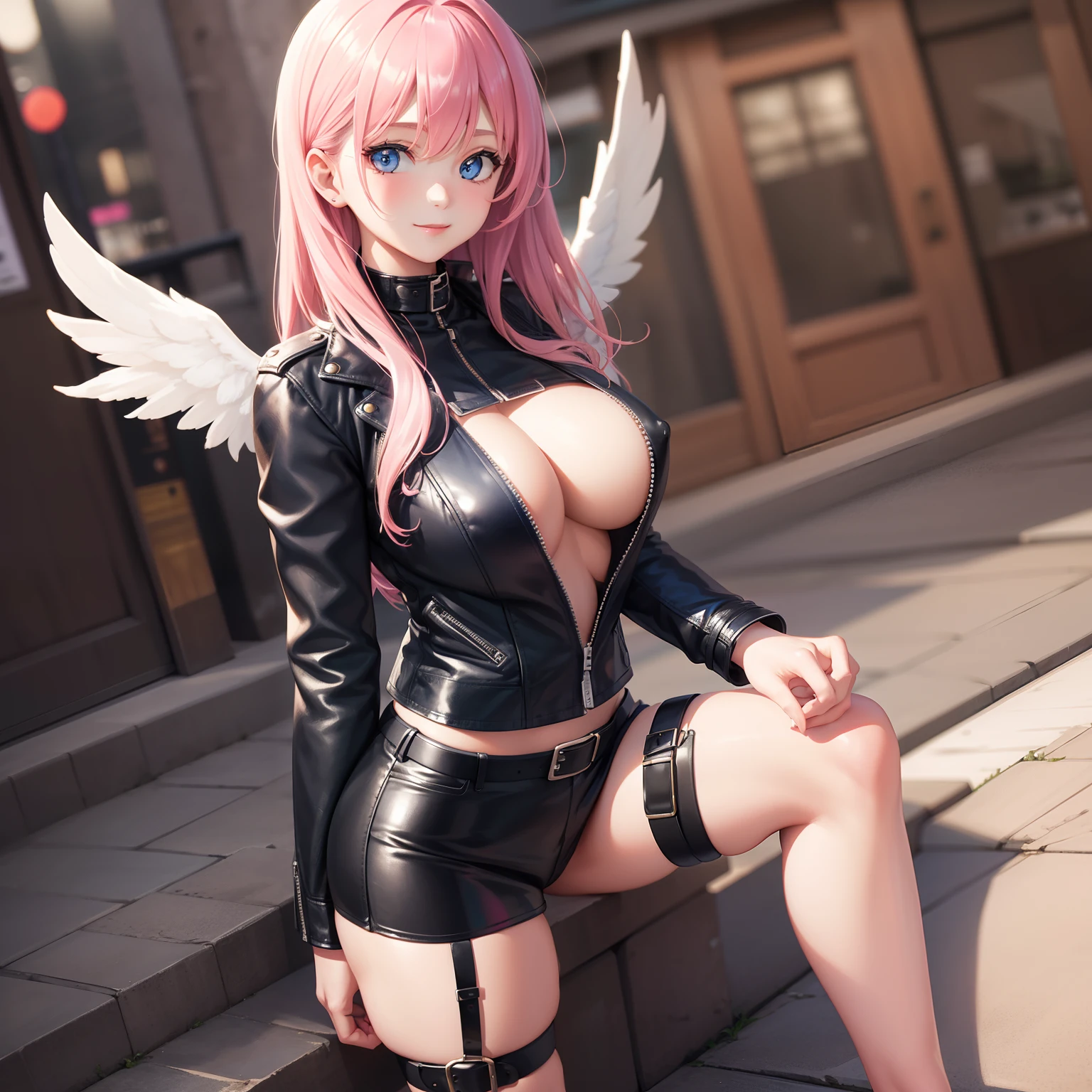 Girl with angel wings A smile leather jackets top-quality beautiful a girl Beautie Colossal tits 超A high resolution masterpiece blue eyess Pink hair Blonde hair