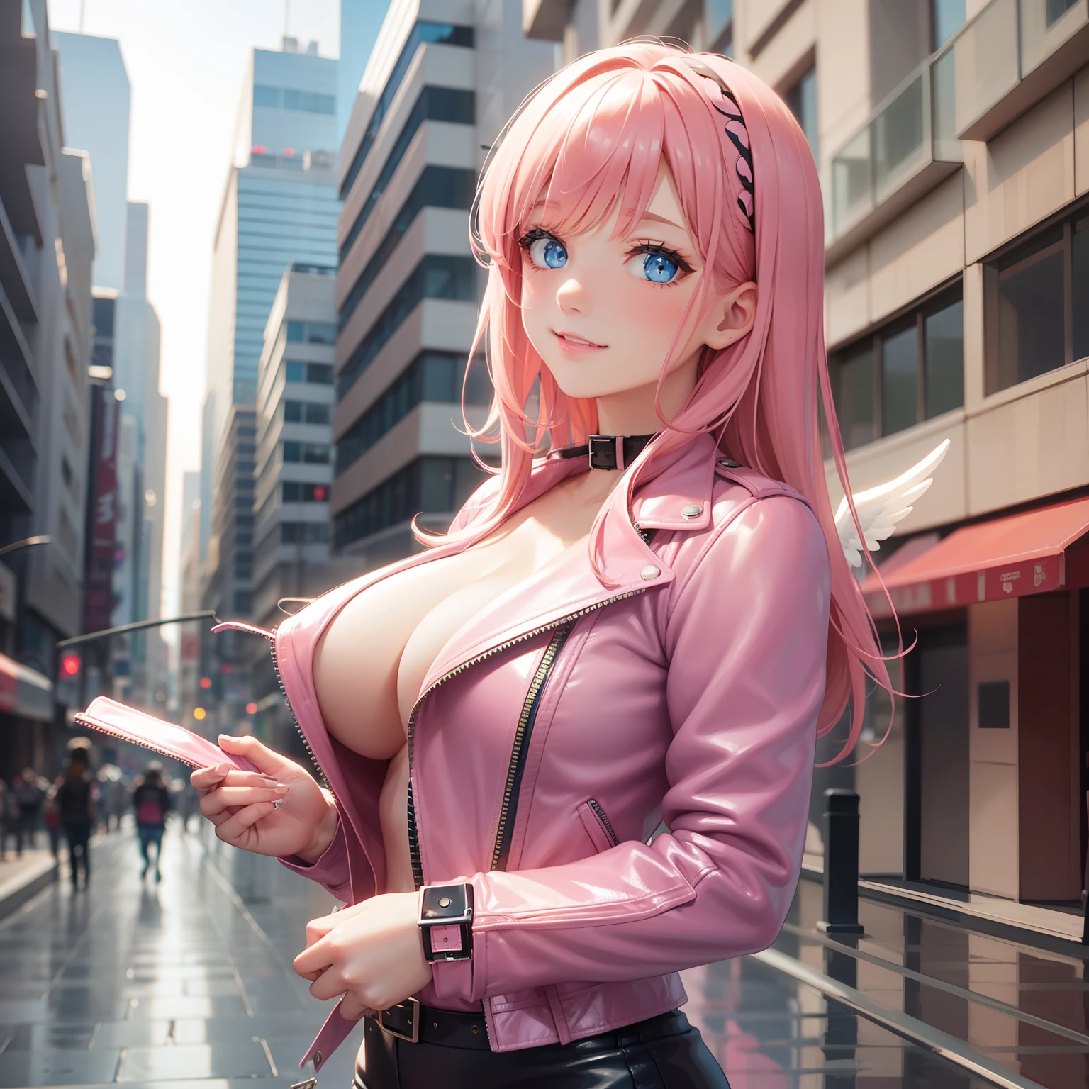 Girl with angel wings A smile leather jackets top-quality beautiful a girl Beautie Colossal tits 超A high resolution masterpiece blue eyess Pink hair Blonde hair