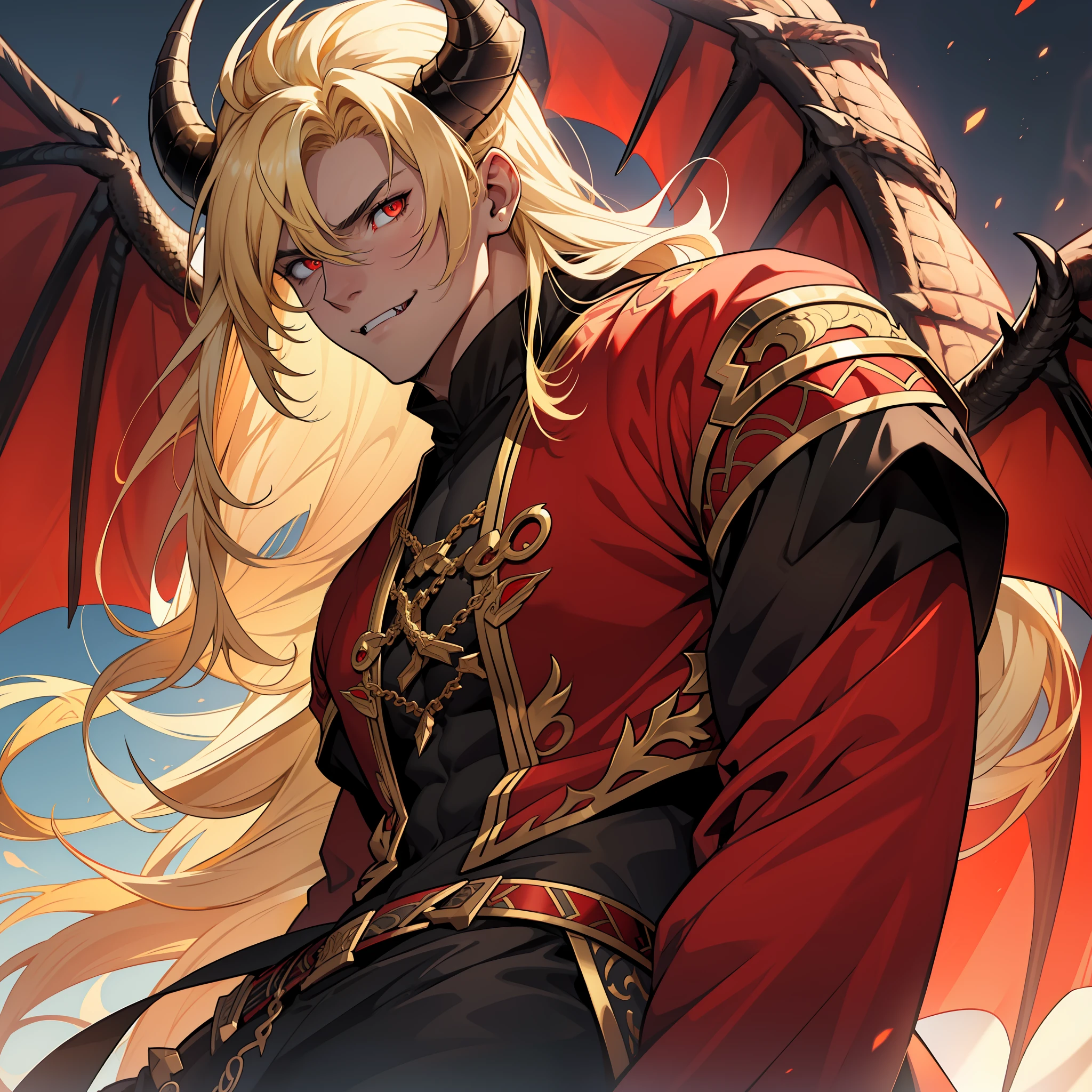 Dragon with black scales and long talons. Horns. Golden eyes. Huge wings. soft eyes. Dragon in human form. Lomg hair. Blonde hair. Red eyes. Roman nose. Fangs. Soft expression. Soft look. Tall muscular male.