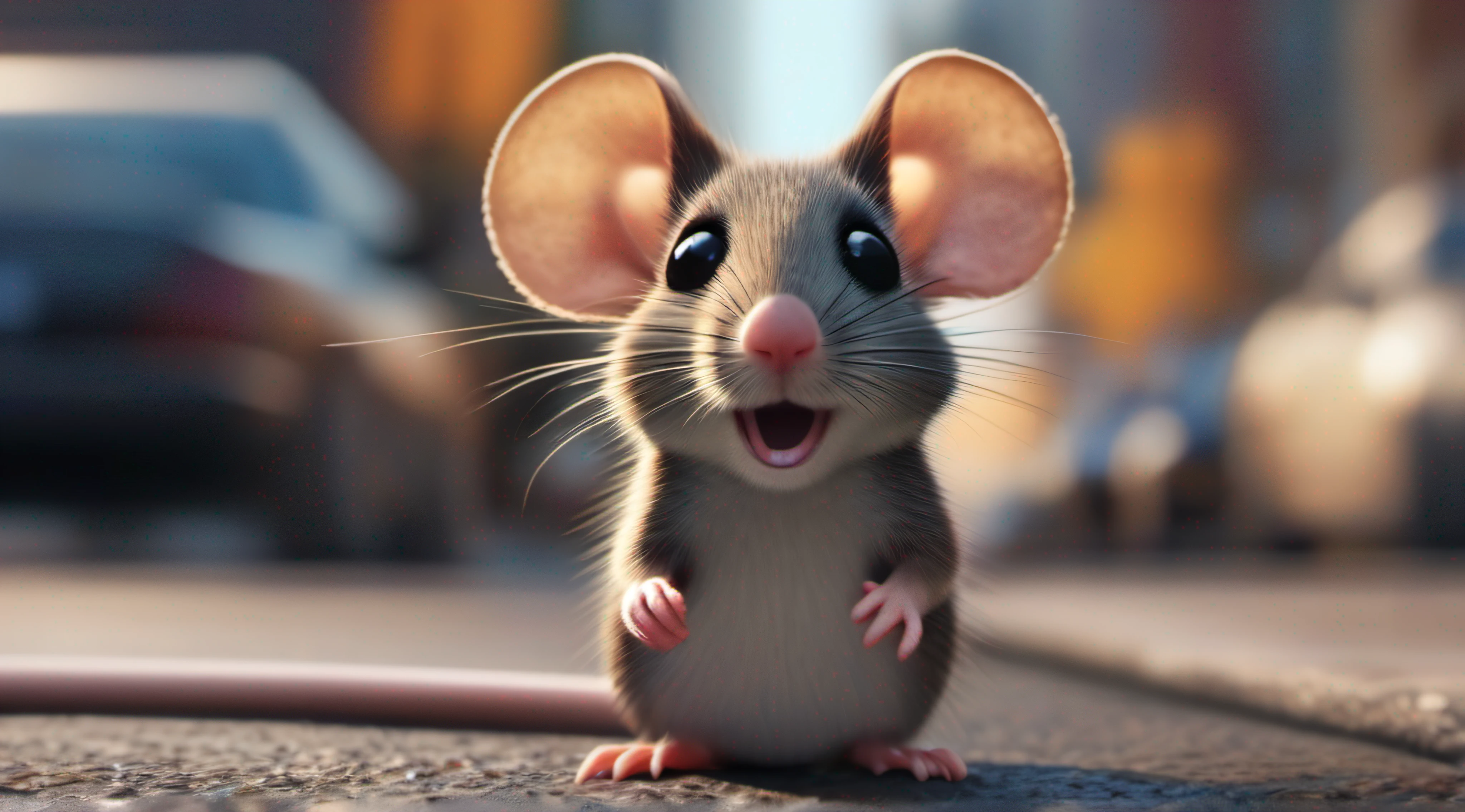 ((obra-prima, melhor qualidade)), photo of a friendly little mouse as if taking a selfie on a curb on a New York street, corpo inteiro, super realistic, cinematographic, caricatura