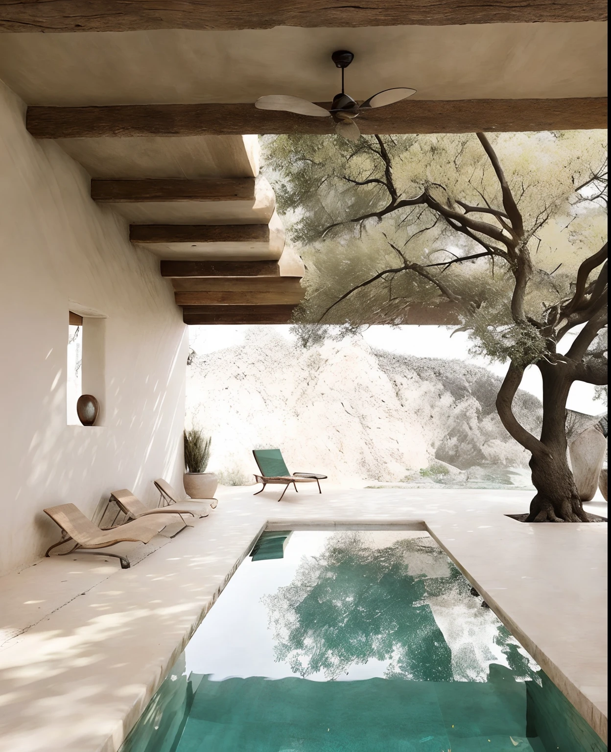 View of a pool with a tree in the middle of it, Estilo sereno e tranquilo, design ao ar livre, ao lado de uma piscina, Piscina grega, ao lado de uma piscina tropical, Beautiful and Aesthetic, mediterranean architecture, sit on the edge of swimming pool, com pano de fundo de luz natural, beautiful aesthetic design, minimalista e bonito, linda luz natural, lugar bonito