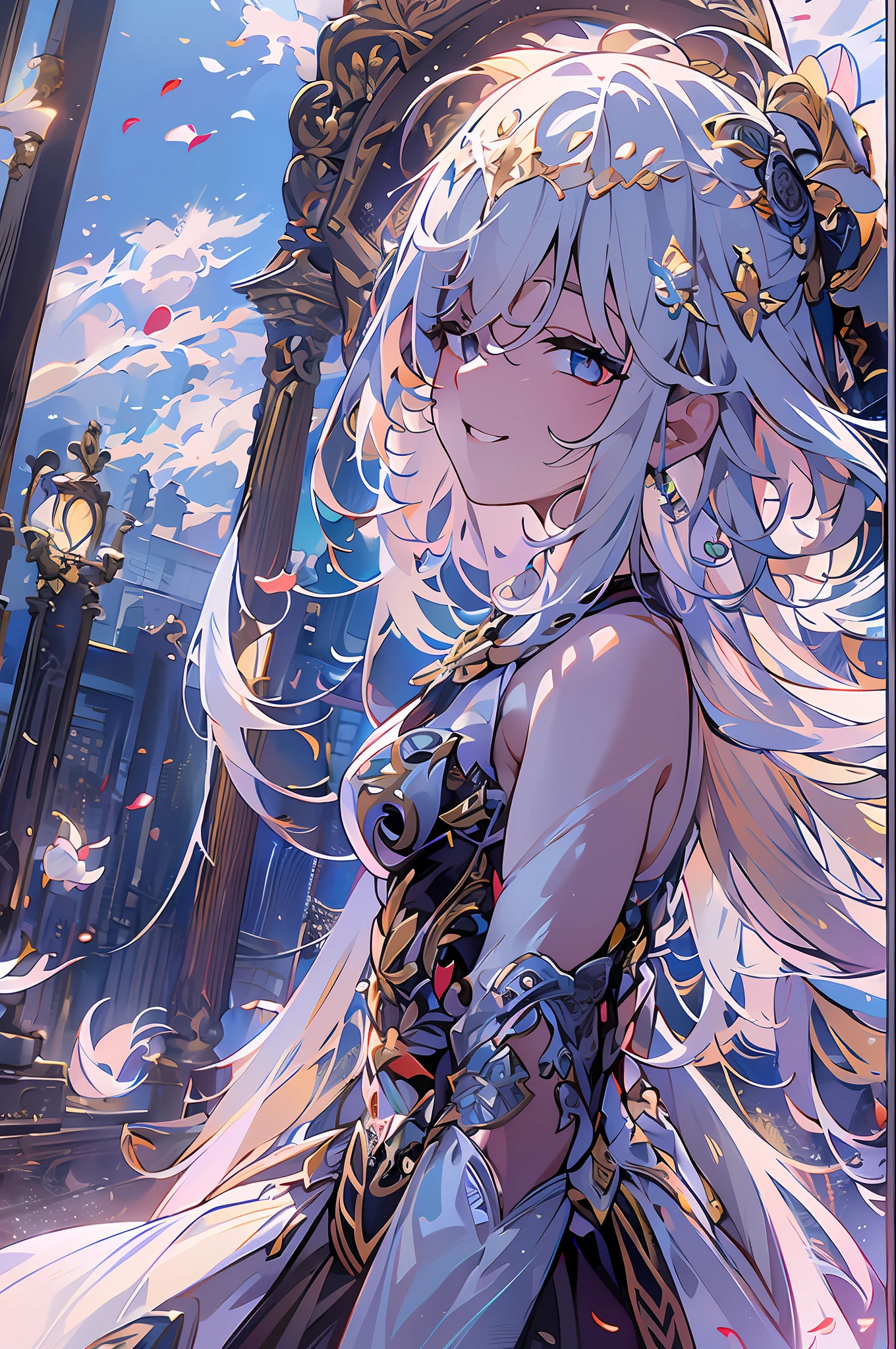 masterpiece, best quality,
1girl, (colorful),(finely detailed beautiful eyes and detailed face),cinematic lighting,bust shot,extremely detailed CG unity 8k wallpaper,white hair,solo,smile,intricate skirt,((flying petal)),(Flowery meadow)
sky, cloudy_sky, building, moonlight, moon, night, (dark theme:1.3), light, fantasy,