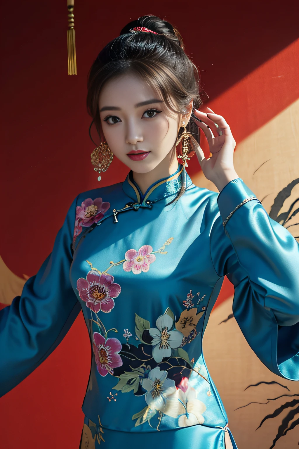 (tmasterpiece,top Quority,best qualtiy,offcial art,Beauty and aesthetics:1.2),(1girl:1.3),(Chinese women's cheongsam),The is very detailed,(s fractal art:1.1),(a color:1.1)(blossoms:1.3),Most detailed,( zentangle:1.2), (dynamic pose), (abstract background:1.3), (chinese Traditional cloth:1.2), (shiny skin), (many colors:1.4), ,(earrings:1.4),