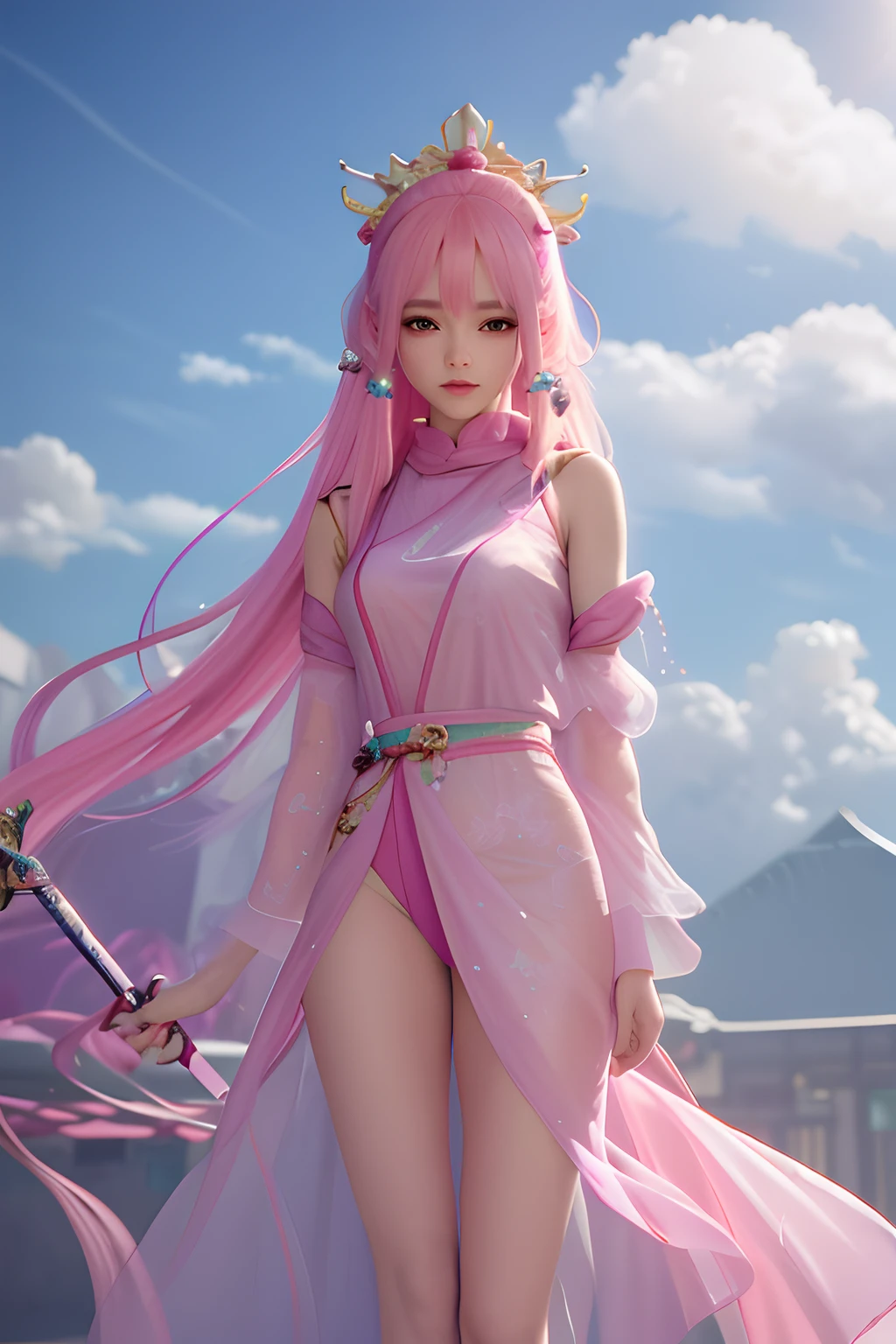 Alafi wears pink translucent pajamas,With a long sword and a pink scarf, Nipple breasts,trending on cgstation, render of april, cotton cloud mage robes, photorealistic anime girl rendering, 8K high quality detailed art, Smooth anime CG art, dreamy dress, trending at cgstation, Game CG, beautiful and seductive anime woman, full-body xianxia
