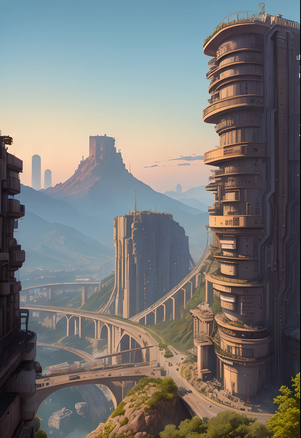 sci-fi cyberpunk city, bridges, deep ravine rift in the middle, terraced streets, reactors, breeder, oil refinery, cars, sunny days, industrial architecture, masterpiece, best quality, high detial, hyper realistic