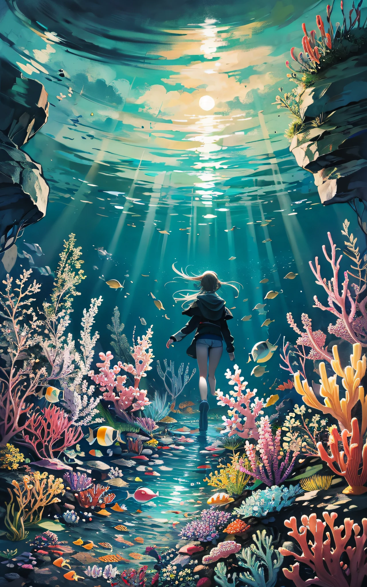 moon seen from under the sea, night, water, night light, fish shadows