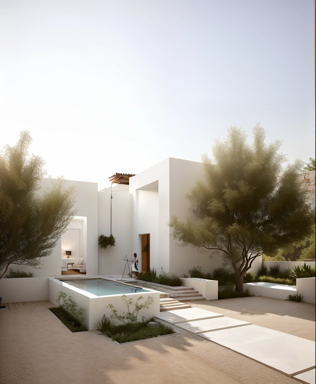 There is a small pool in the middle of a gravel patio, mediterranean architecture, render to resolute perfection, a wide open courtyard in an epic, all white render, with a fishpond and courtyard, bem renderizado, design ao ar livre, arquitetura realista, cores tonais ao ar livre, architectural render, architectural visualisation, arquitetura requintada, dirt yard, beautiful aesthetic design