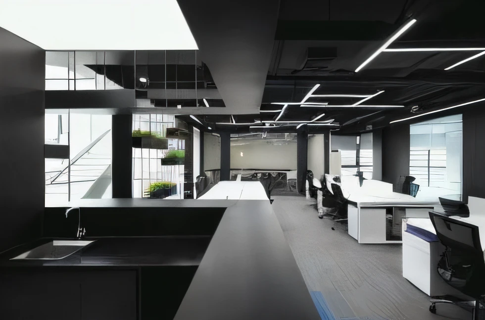 View of modern office，Equipped with a long table and large windows, Modern office, office room interior, Office, in a open-space working space, office, sharp foccus ilustration hq, open office, artstation hq”, interior architecture view, huge office, Vivid), industrial space, sharp focus ilustration hq, matrix), matrix ), concrete hitech interior