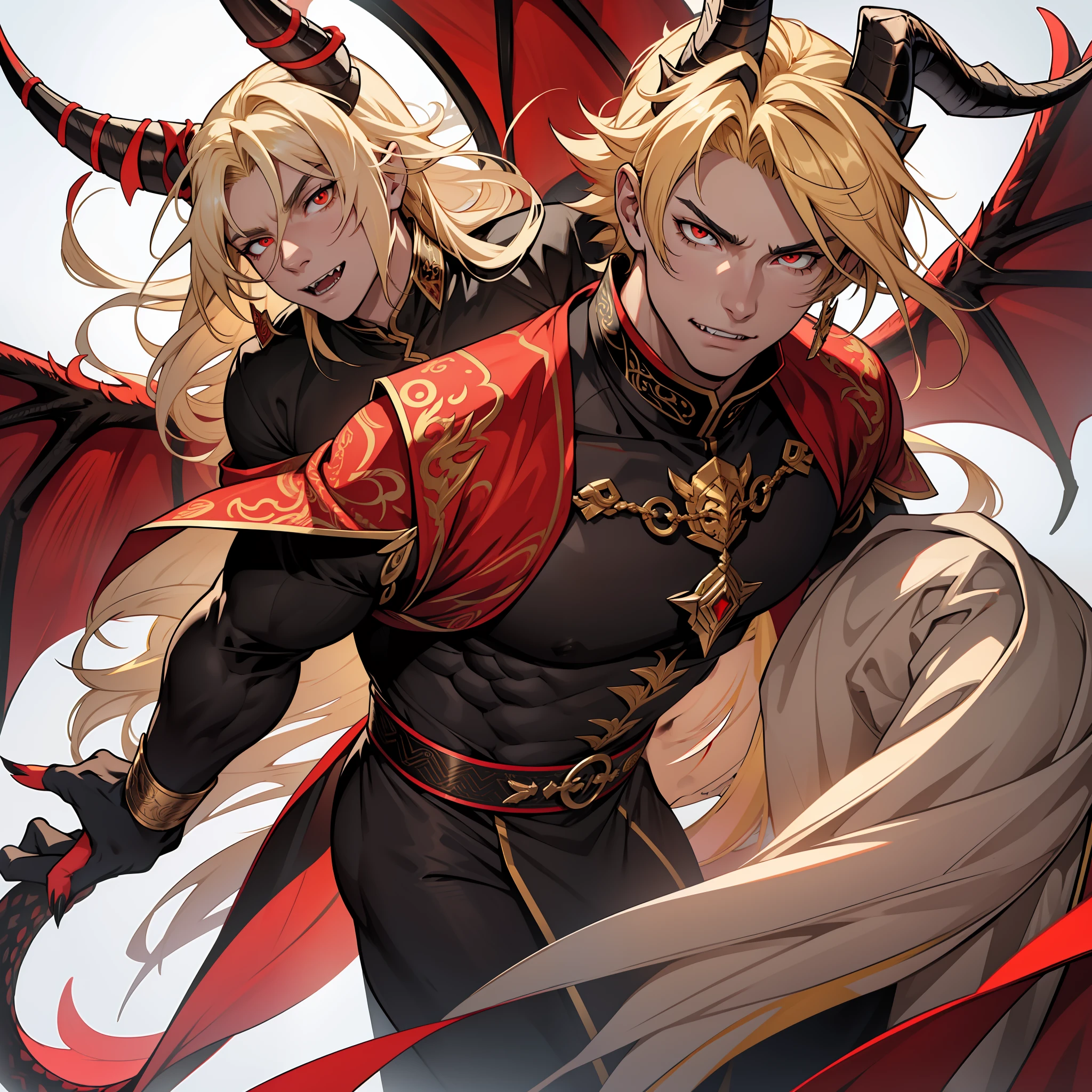 Dragon with black scales and long talons. Horns. Golden eyes. Huge wings. soft eyes. Dragon in human form. Lomg hair. Blonde hair. Red eyes. Roman nose. Fangs. Soft expression. Soft look. Tall muscular male.