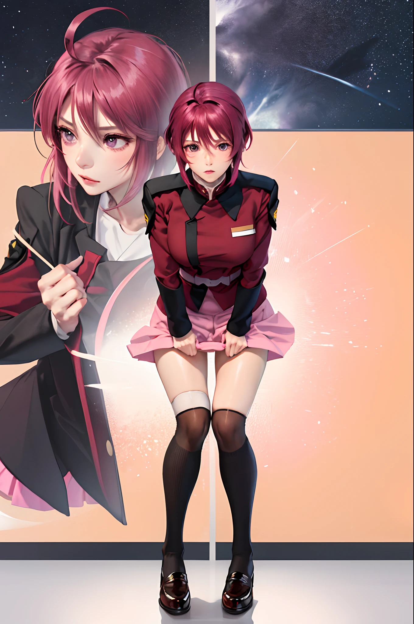 masutepiece, Best Quality, hight resolution, 1girl in, Solo, Pink skirt, Military uniform, Short hair, Ahoge, black thighhighs, Red hair, Purple eyes, Purple hair, Long sleeves, frown, Leaning forward,((Skirt lift:1.5)),