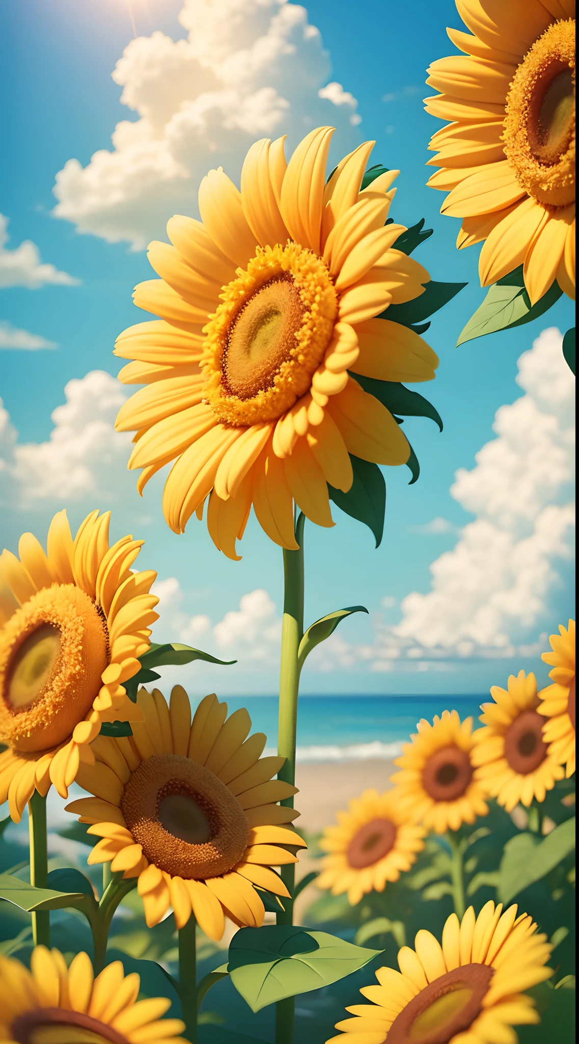 Summer clouds, sun flowers frames the image, sunny weather ,sky, sunny, colorful, happy and happy summer vacation, simple picture, close-up, brilliant sunshine, distant waves, visual impact, 3D DreamWorks style,