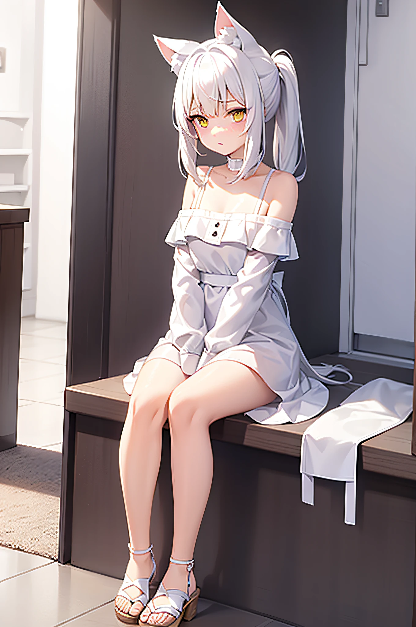 White cat ears，White cat tail，teens girl，Wear an off-the-shoulder dress，Bareleged，Wear white sandals on your feet，double-ponytail，whaite hair，Tsundere，is shy，Be red in the face，stare at you，Sit behind the counter