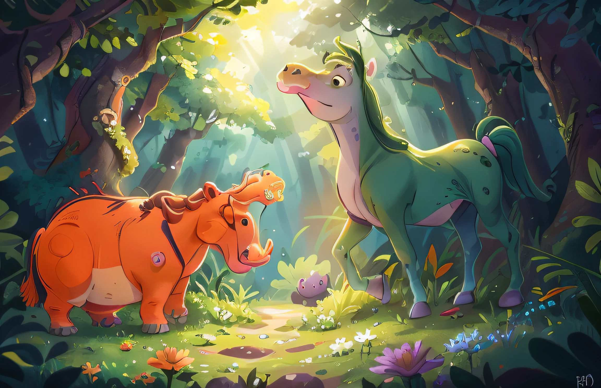 The orange horse, the hippo, met in the forest of many flowers, the green forest, perfect quality, clear focus (clutter - home: 0.8), (masterpiece: 1.2) (realistic: 1.2) (bokeh) (best quality) (detailed skin: 1.3) (intricate details) (8K) (detail eyes) (sharp focus), (happy)