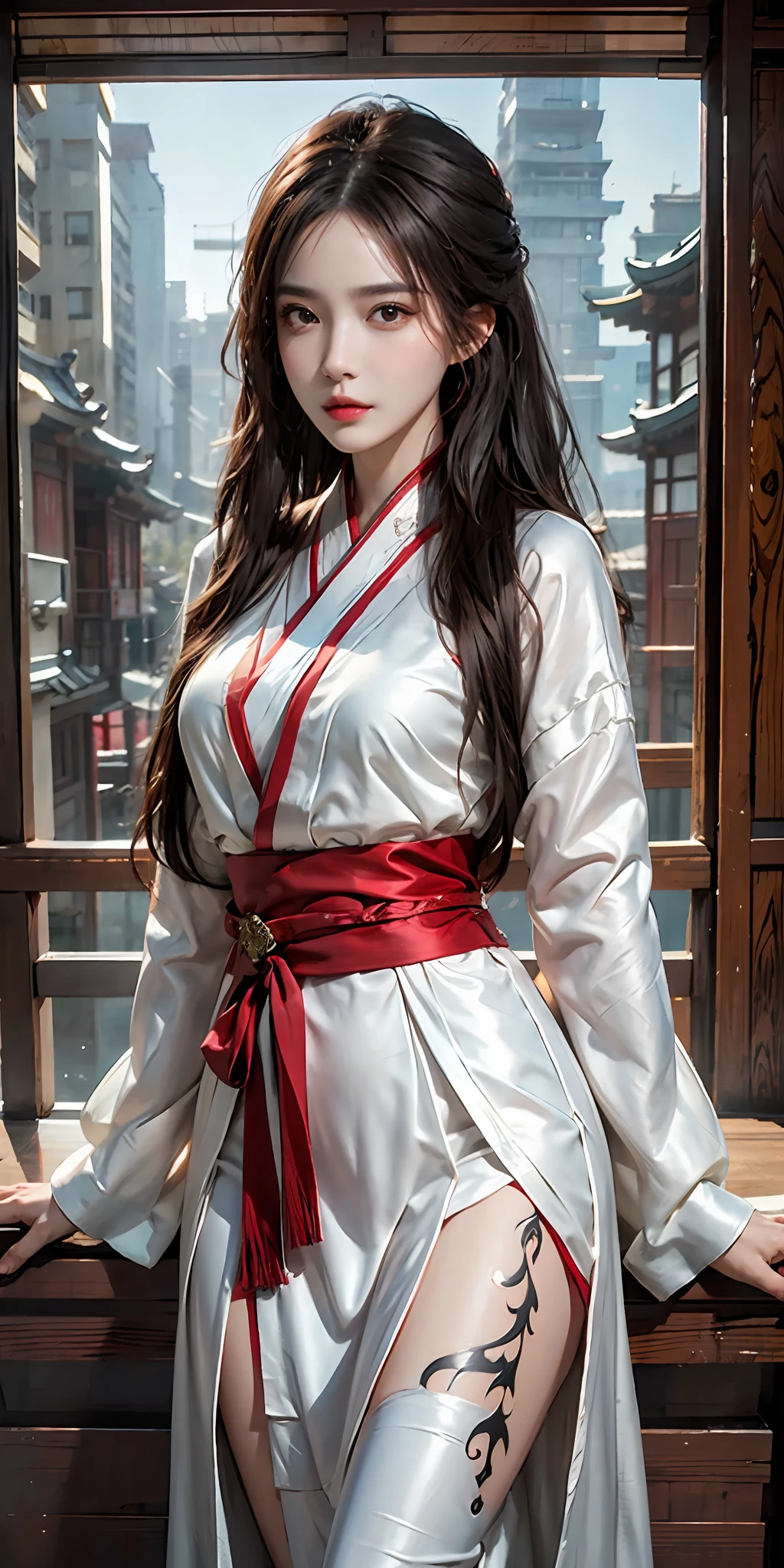photorealistic, high resolution, soft light,1women, solo, hips up, look at viewer, (detailed face), long hair, Beautiful girl, hanfu, east asian architecture,sheath,architecture, tattoo, jewelry