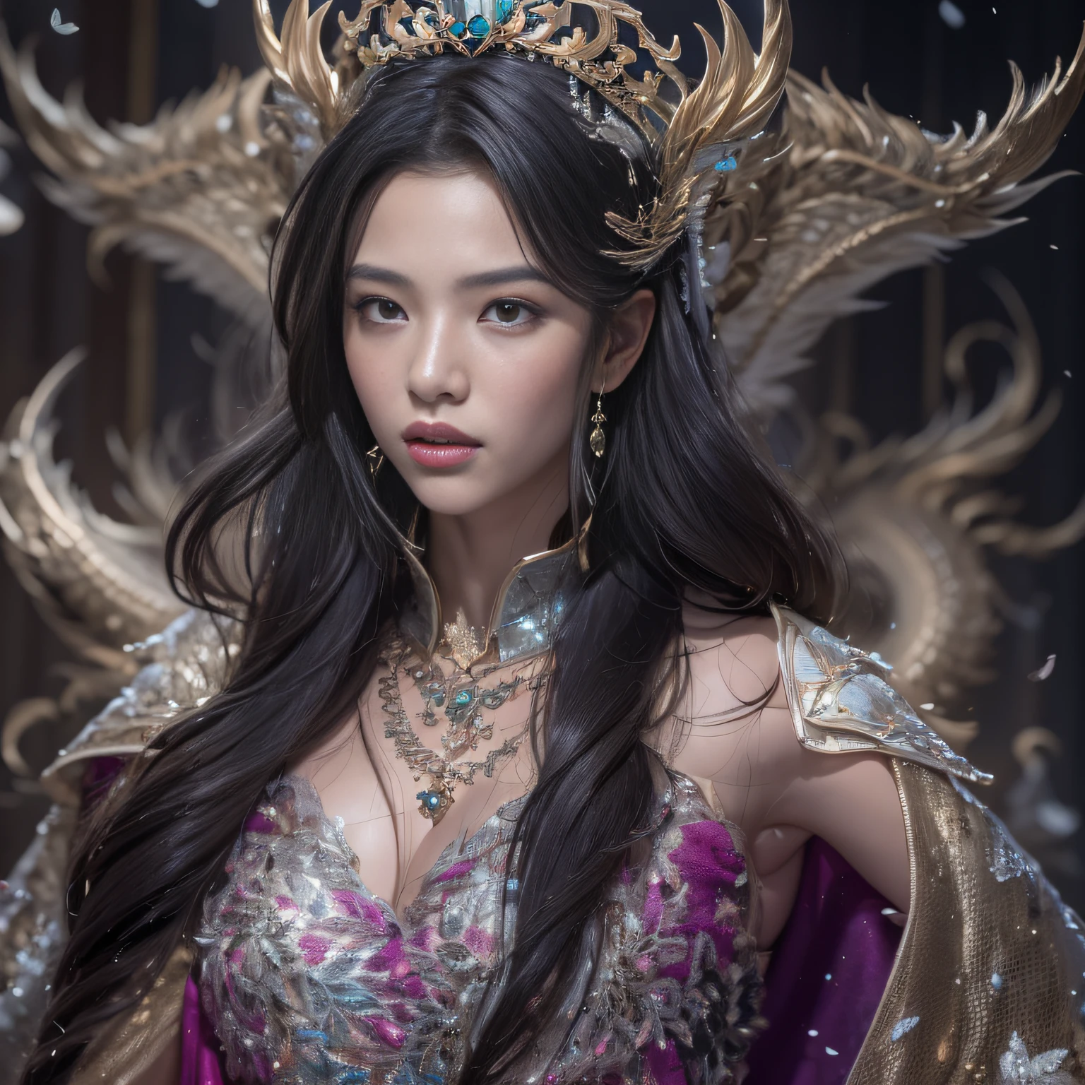 16k（tmasterpiece，k hd，hyper HD，16k）Long flowing black hair，Jewelry area in the back room，Brunette king girl ，Silver Dragon Protector （realisticlying：1.4），Python pattern robe，Purple-pink tiara，Snowflakes fluttering，The background is pure，Hold your head high，Be proud，The nostrils look at people， A high resolution， the detail， RAW photogr， Sharp Re， Nikon D850 Film Stock Photo by Jefferies Lee 4 Kodak Portra 400 Camera F1.6 shots, Rich colors, ultra-realistic vivid textures, Dramatic lighting, Unreal Engine Art Station Trend, cinestir 800，Hold your head high，Be proud，The nostrils look at people