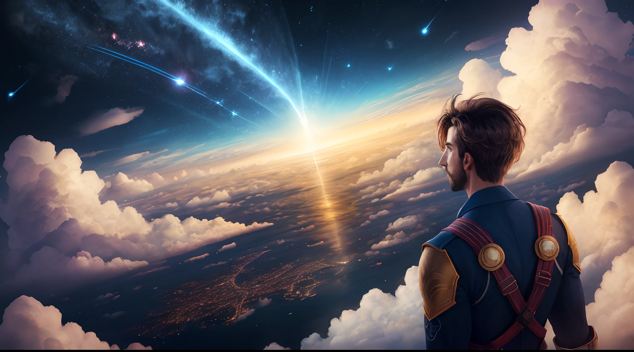 Homem voando acima da atmosfera da terra, vendo uma cidade em seu alvorecer.