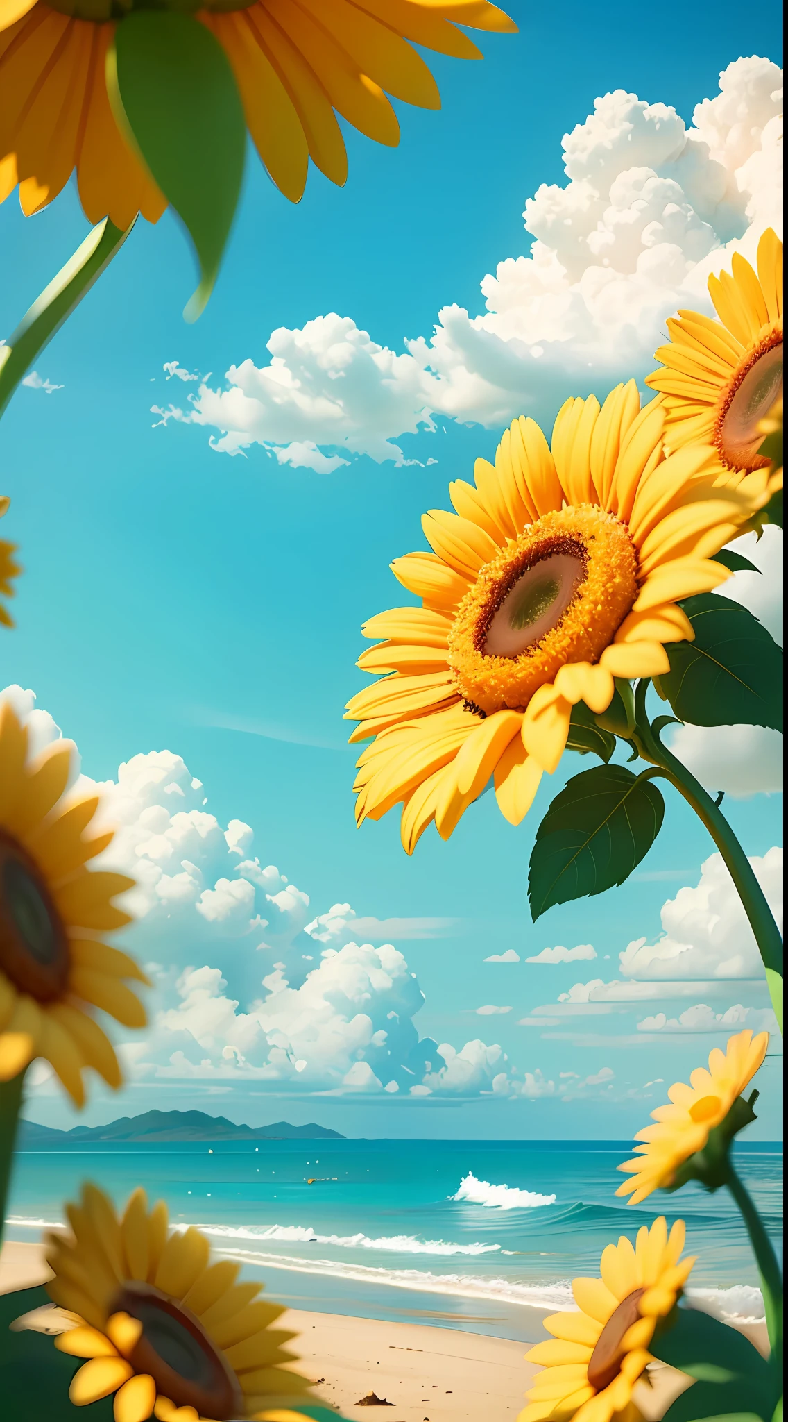 Summer clouds, sun flowers frames the image, symmetric composition, sunny weather ,sky, sunny, colorful, happy and happy summer vacation, simple picture, close-up, brilliant sunshine, distant waves, visual impact, 3D DreamWorks style,