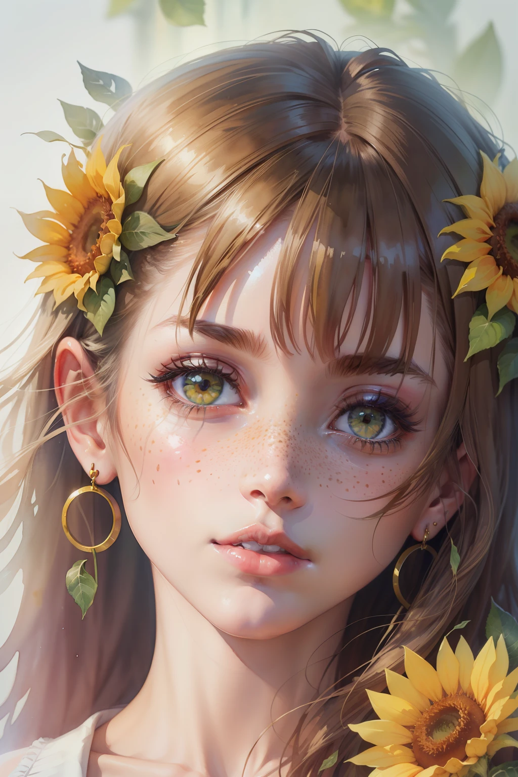 (watercolor:1.2),1girl, solo, flower, sunflower,freckles, portrait, leaf, bangs, signature, yellow flower, brown hair, long hair, green eyes, hair between eyes, flower earrings
