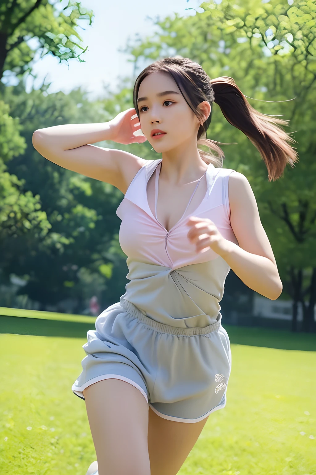 femele, look at viewr, french braid hair , Flower Holter Dress, cleavage,  Garden landscape design, (Rim Light)、女の子1人、独奏、Running、Grey tracktop、Pink shorts、poneyTail、Athletic physique、Dynamic brush strokes、Fluid movement、Capture the essence of her athletic skills and energy、Use bright colors and soft tones to create a dreamy and fantastic atmosphere、Running movement and grace、Ponytails and clothes fluttering in the wind、Expresses the surrounding scenery。plein air、细致背景、Modern metropolis、((Beautiful perfection  、Beautiful perfect areola))、The upper part of the body