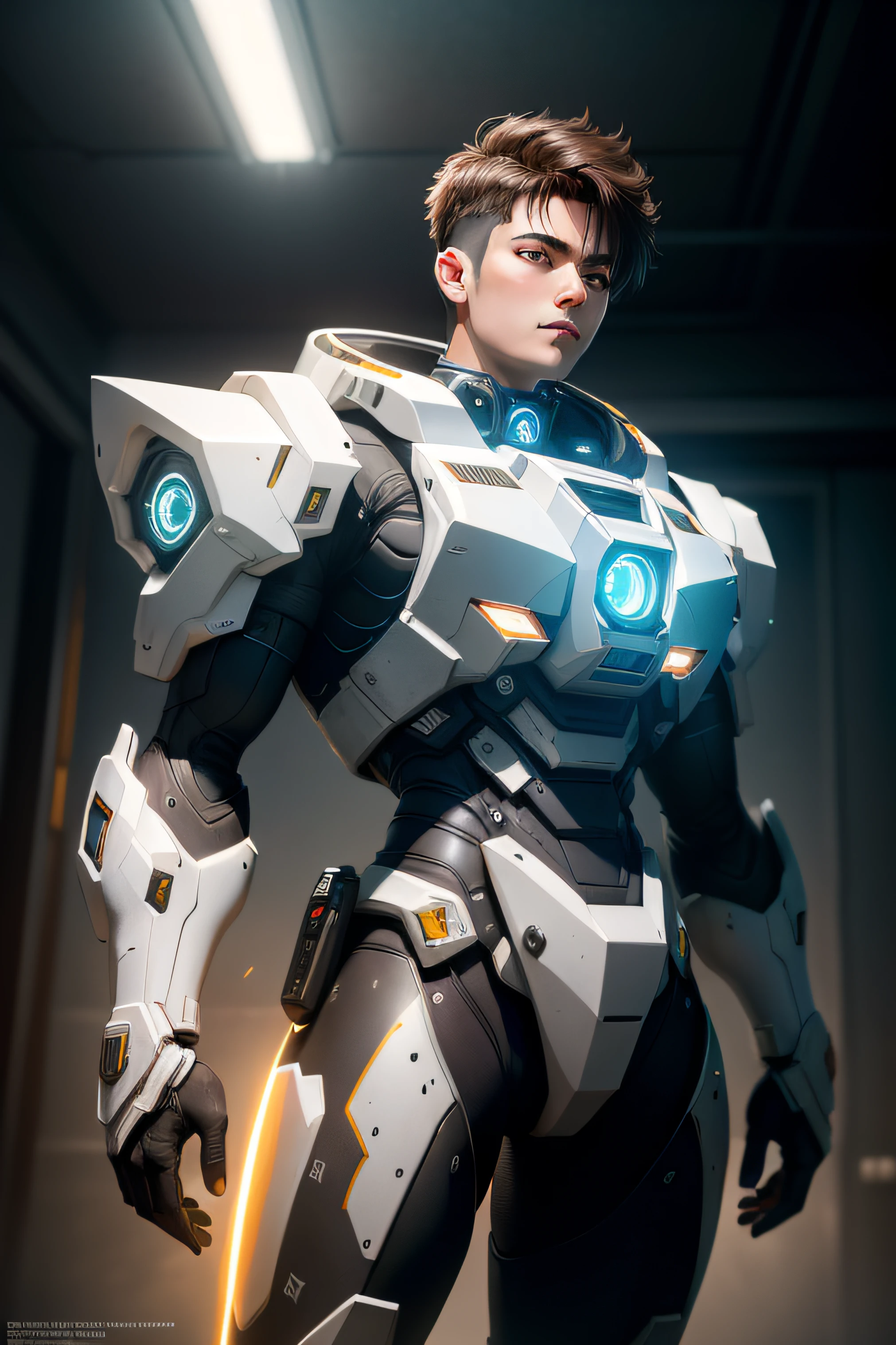 （Best quality at best，tmasterpiece），The background is a mecha，1boy stands in front，Good mood，HDR（HighDynamicRange）， Ray traching， NVIDIA RTX， Hyper-Resolution， Unreal 5， sub surface scattering， PBR Texture， post-proces， Anisotropic filtering， depth of fields， Maximum clarity and sharpness， Many-Layer Textures， Albedo e mapas Speculares， Surface Coloring，Accurately simulate light-material interactions，perfectly proportions，rendering by octane，twotonelighting，Low ISO，White balance，trichotomy，Wide aperture，8K RAW，High-Efficiency Sub-Pixel，sub-pixel convolution，Luminous Particle，Light scattering，Tyndall effect