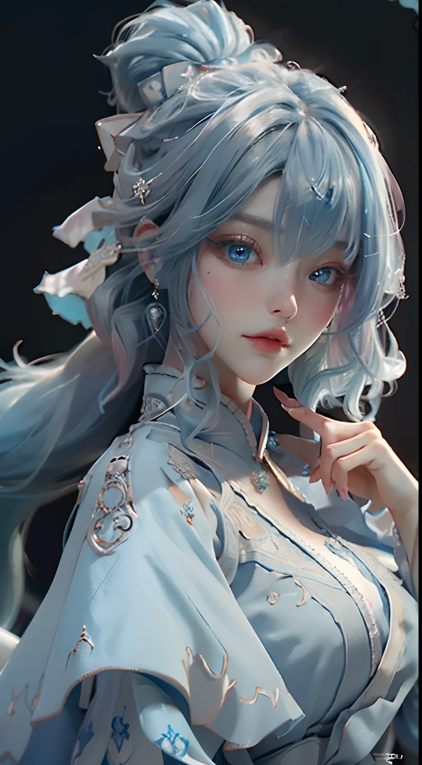 (filigree,Sharp images,Hyper-Resolution,Extremely amazing detail,awe-inspiring detail),sub surface scattering,The optimal ratio of four fingers to one thumb,tmasterpiece,best qualtiy,high qulity,(1girll:1.2),独奏,Powder blue hair,Powder blue eyes,apathy