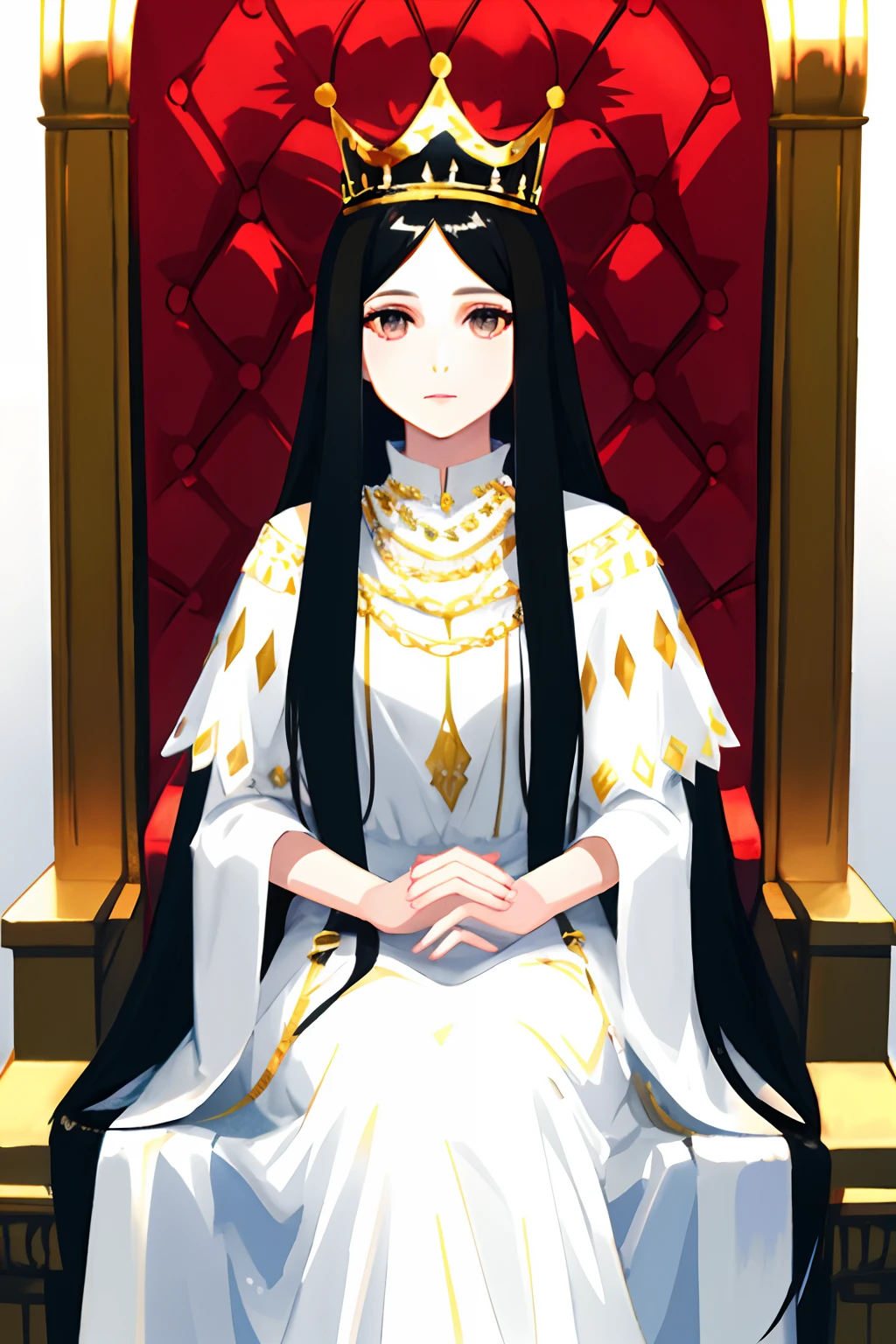 Queen with long black hair and white eyes. wearing a crown, wearing a white dress, sitting on a throne