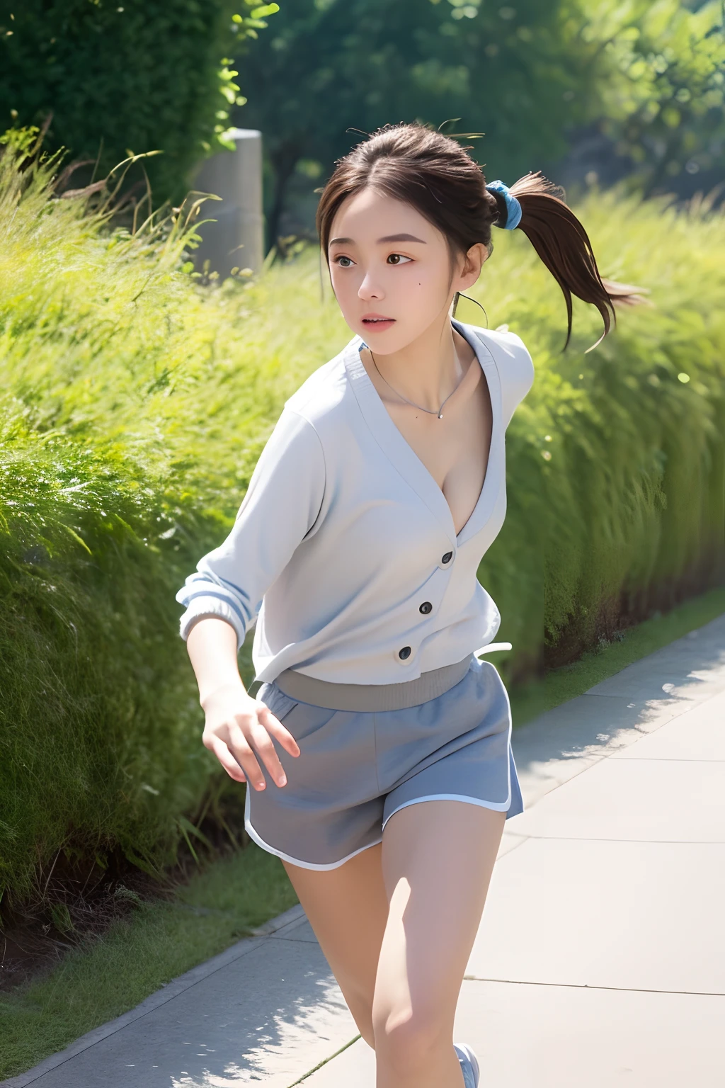 femele, look at viewr, french braid hair , Flower Holter Dress, cleavage, Garden landscape design, (Rim Light)、1人、独奏、Running、Grey tracktop、Pink shorts、poneyTail、Athletic physique、Dynamic brush strokes、Fluid movement、Capture the essence of her athletic skills and energy、Use bright colors and soft tones to create a dreamy and fantastic atmosphere、Running movement and grace、Ponytails and clothes fluttering in the wind、Expresses the surrounding scenery。plein air、细致背景、Modern metropolis、((Beautiful perfection 、Beautiful perfect areola))、The upper part of the body