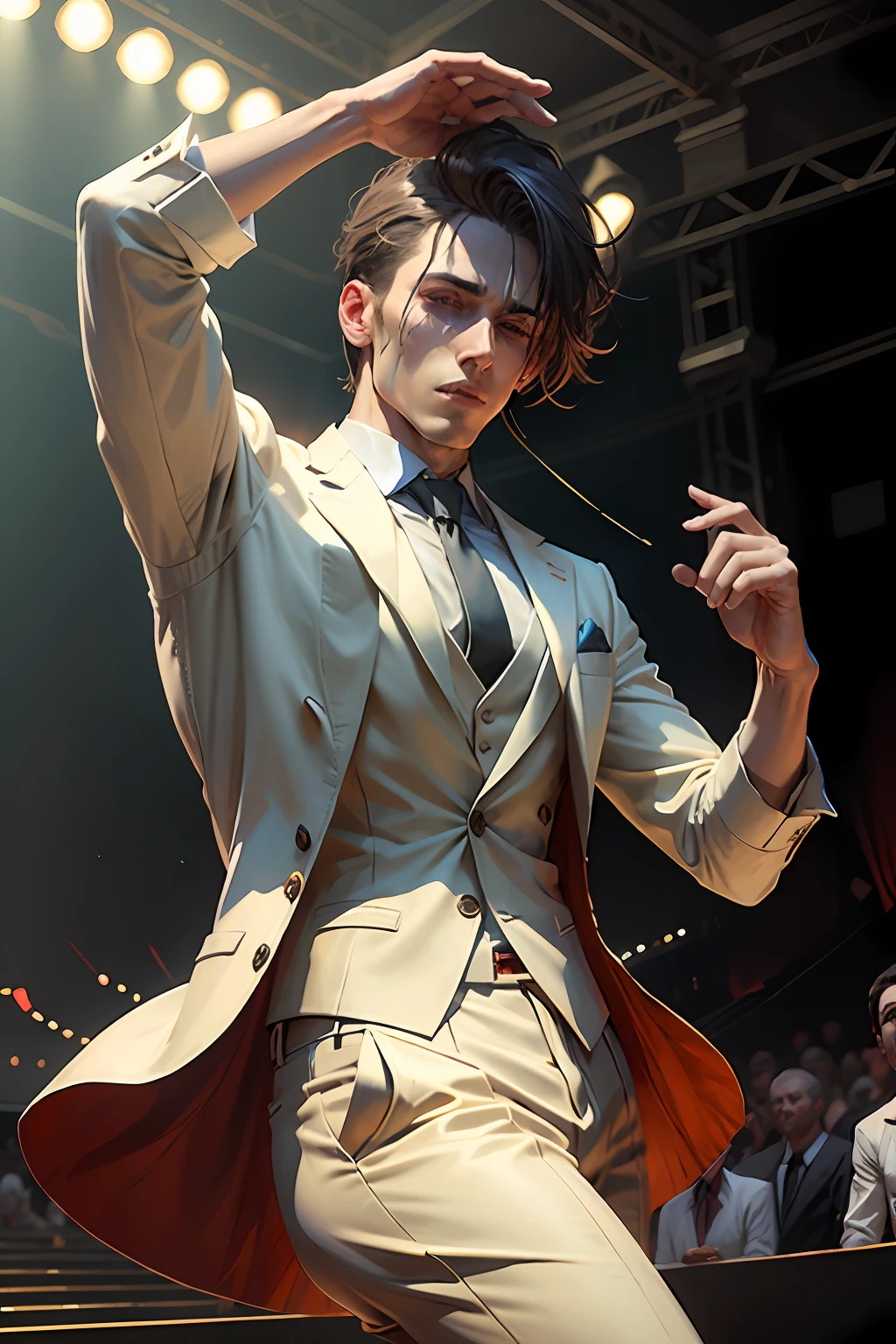 A confident man dancing forever on stage, Bloody gorgeous,a sense of atmosphere --auto
