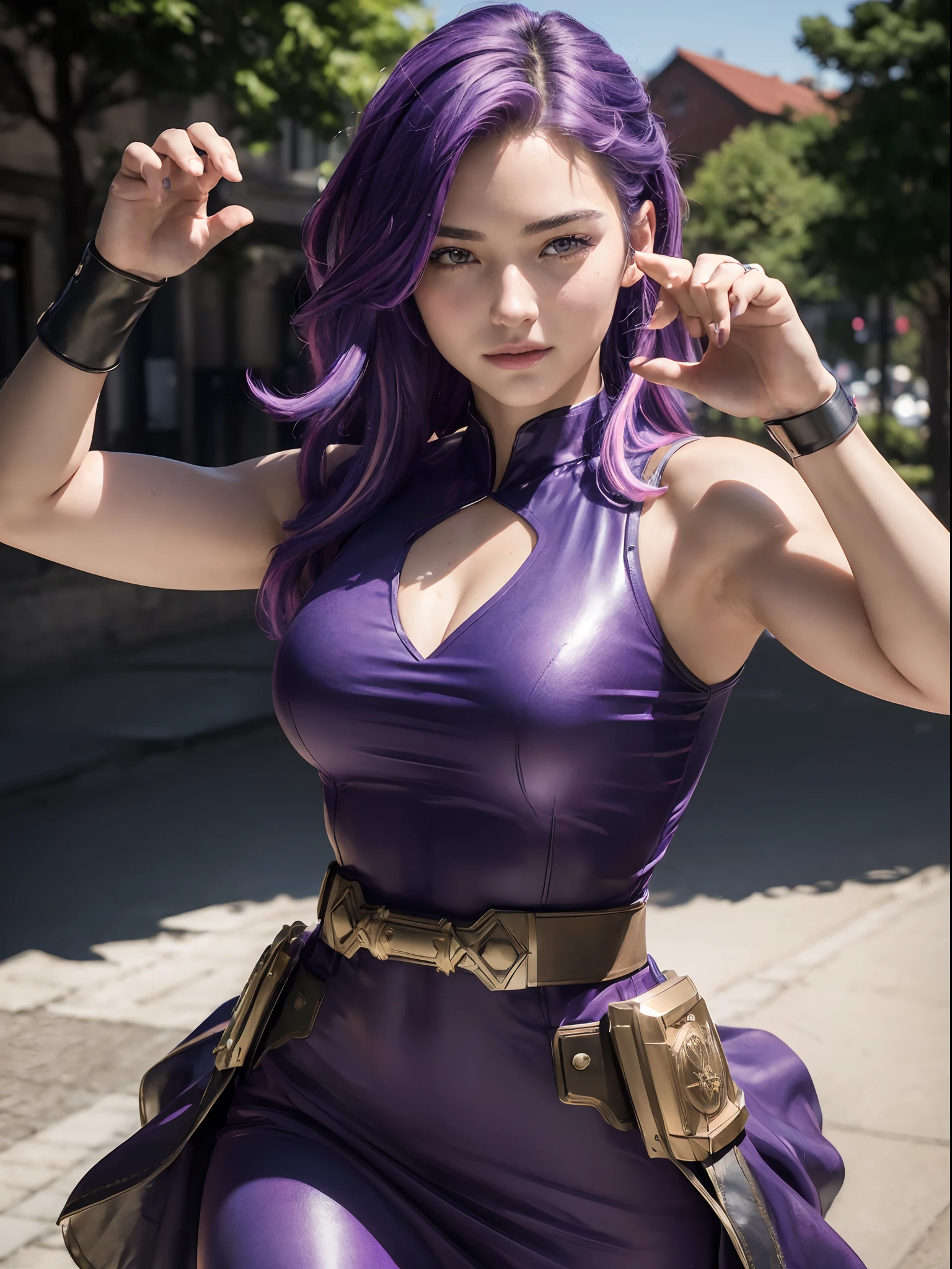 (masterpiece, best quality:1.4), (hero pose:1.5), 1girl, solo, (european youth:1), lady nagant, boku no hero academia, (purple hair), (multicolored hair), (purple eyes), black dress, sleeveless, breasts, belt, medium breasts, city park, looking at viewer, beautifull smile, beautiful face, highly detailed face, highly detailed eyes, highly detailed skin, skin pores, subsurface scattering, realistic pupils, full face blush, full lips, detailed background, depth of field, volumetric lighting, sharp focus, absurdres, realistic proportions, good anatomy, (realistic, hyperrealistic:1.4), 16k hdr,