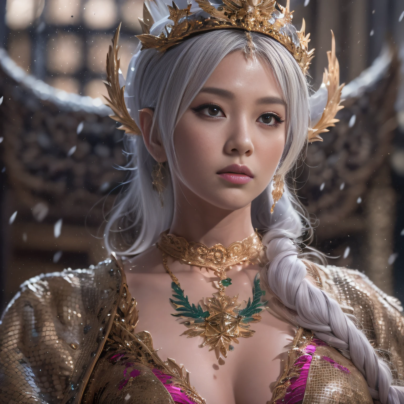 16k(tmasterpiece,k hd,hyper HD,16k)short detailed hair,Jewelry area in the back room,Flame Girl ,Dragon Slayer Knife(realisticlying:1.4),Python pattern robe,Purple-pink tiara,Snowflakes fluttering,The background is pure,Hold your head high,Be proud,The nostrils look at people, A high resolution, the detail, RAW photogr, Sharp Re, Nikon D850 Film Stock Photo by Jefferies Lee 4 Kodak Portra 400 Camera F1.6 shots, Rich colors, ultra-realistic vivid textures, Dramatic lighting, Unreal Engine Art Station Trend, cinestir 800,Hold your head high,Be proud,The nostrils look at people
