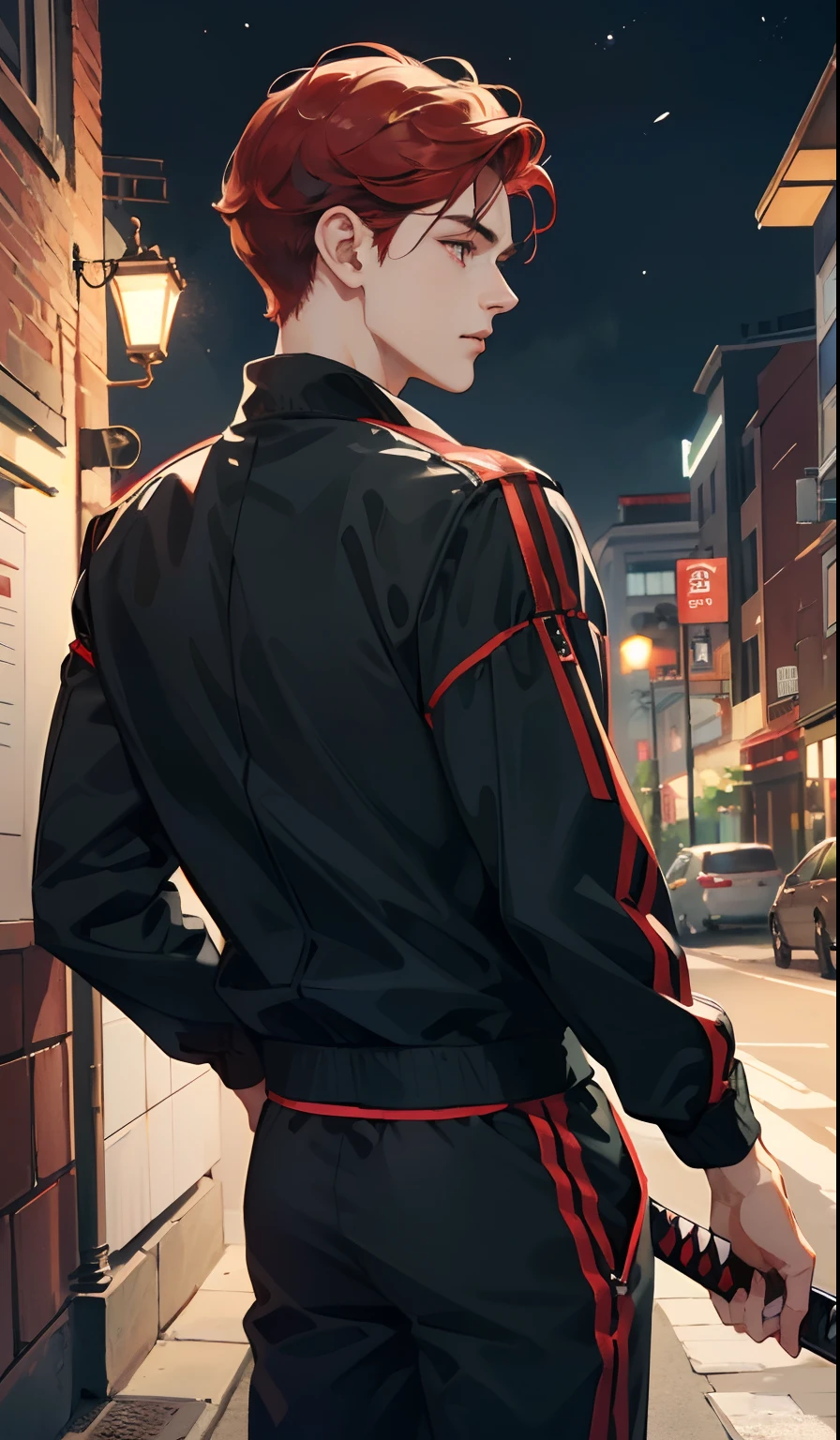 (absurd, high, extremely detailed),((masterpiece)), ((best quality:1.1)), High resolution, 8k,1 boy, (red hair, light curly hair, hair layered :1.1 ), ((super short hair)), shaded face, (men's black jacket with red interlacing, black top, men's black jogger pants: 1.1), , (rear view) close-up: 1.1), ((red eyes)), (katana in hand), night city, stationary pose, looking at people