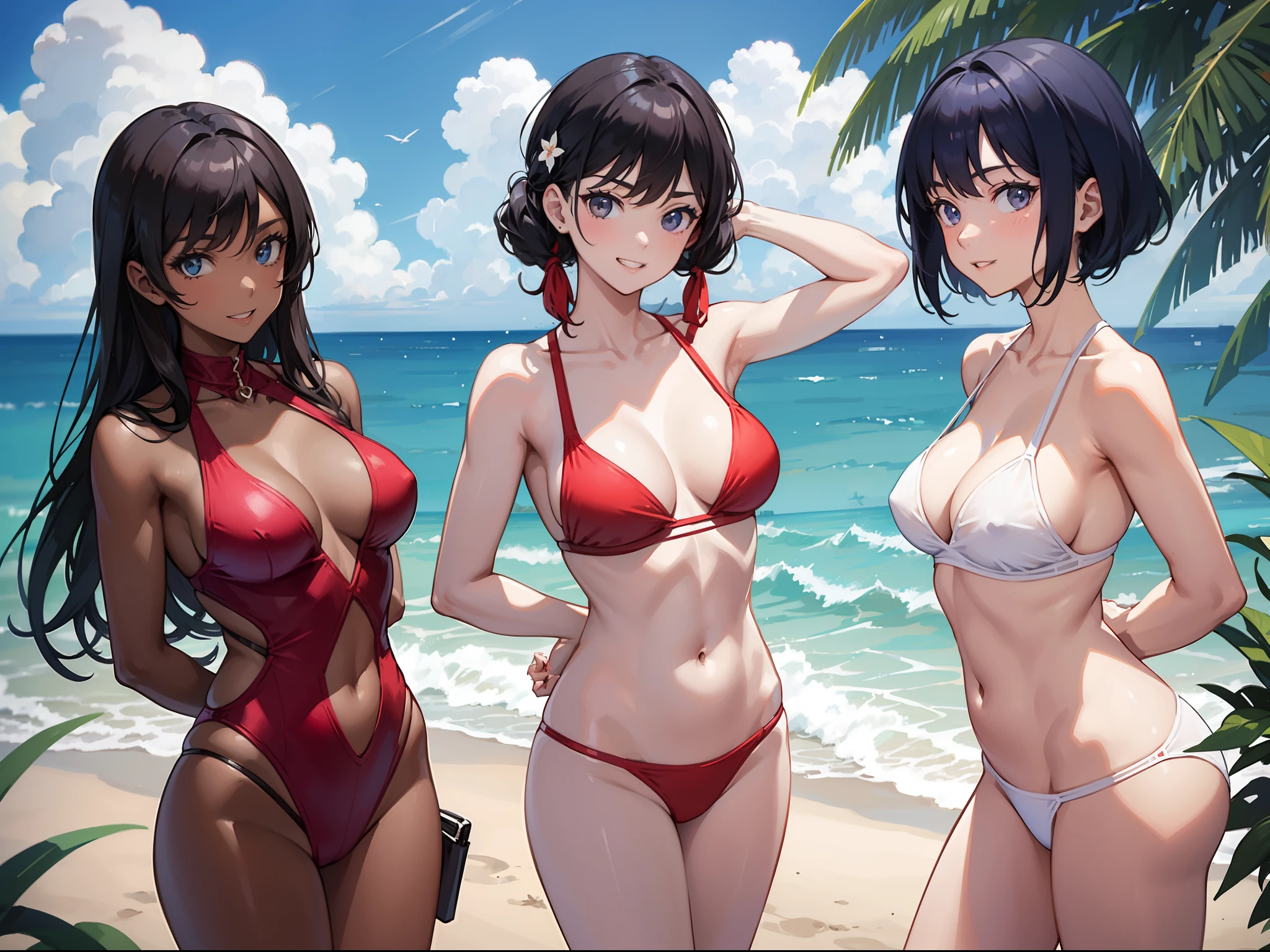 Three women in slingshot swimsuits, grin, arms behind back, looking at viewer, On the beaches of the south, masterpiece, super detail, best quality