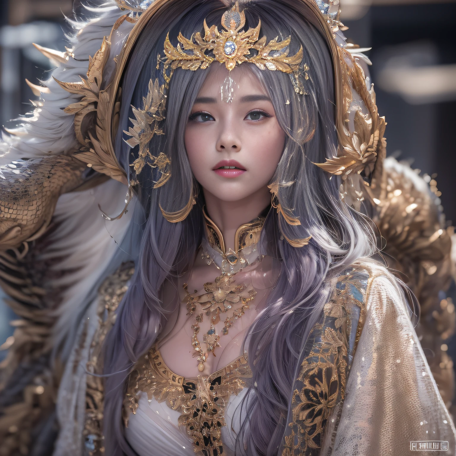 16k（tmasterpiece，k hd，hyper HD，16k）short detailed hair，Gold jewelry area in the back room，King Girl ，Silver Dragon Protector （realisticlying：1.4），Python pattern robe，Purple-pink tiara，Snowflakes fluttering，The background is pure，Hold your head high，Be proud，The nostrils look at people， A high resolution， the detail， RAW photogr， Sharp Re， Nikon D850 Film Stock Photo by Jefferies Lee 4 Kodak Portra 400 Camera F1.6 shots, Rich colors, ultra-realistic vivid textures, Dramatic lighting, Unreal Engine Art Station Trend, cinestir 800，Hold your head high，Be proud，The nostrils look at people