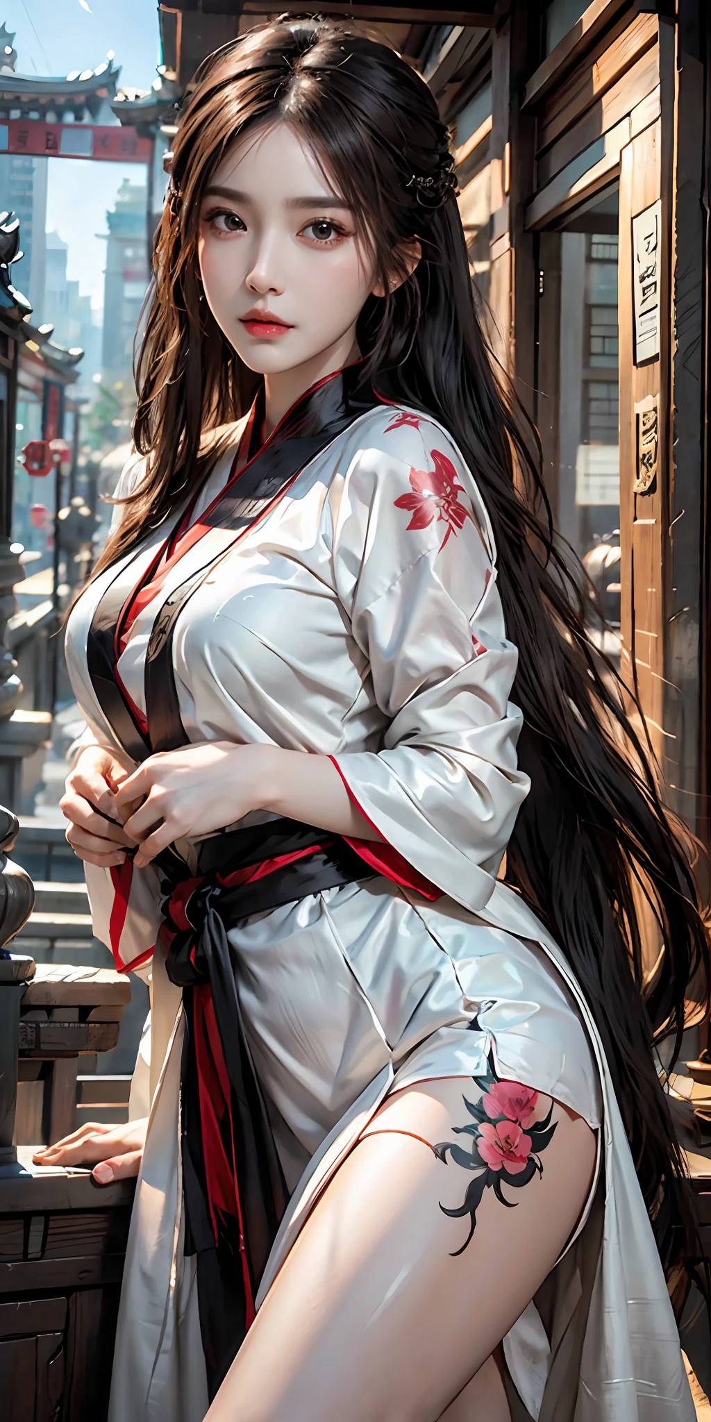 photorealistic, high resolution, soft light,1women, solo, hips up, look at viewer, (detailed face), long hair, Beautiful girl, hanfu, east asian architecture,sheath,architecture, tattoo, jewelry