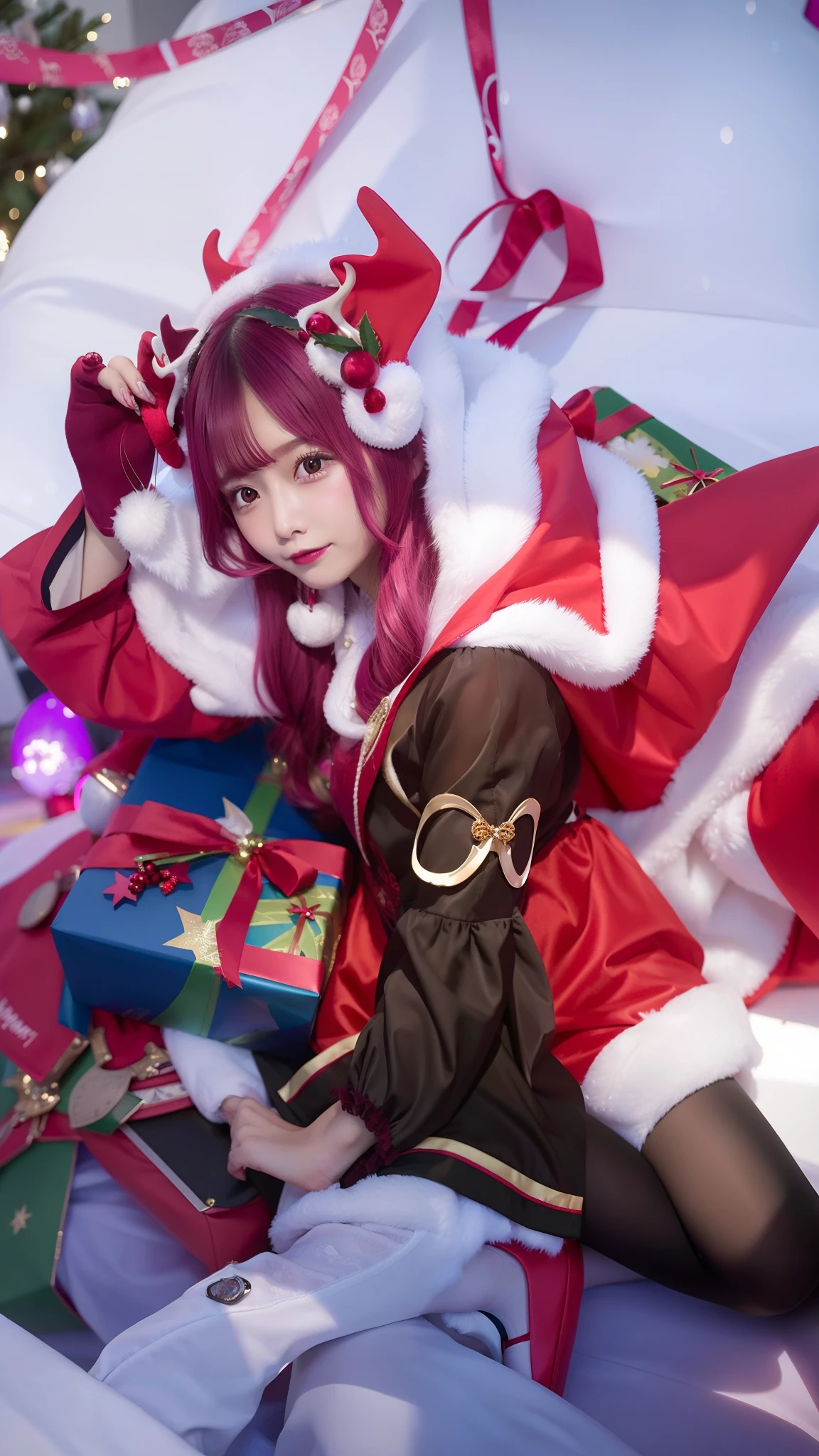 1 girl, long hair, magenta hair, Christmas wear, deer headband, ultra details, ultra high res, 8k,