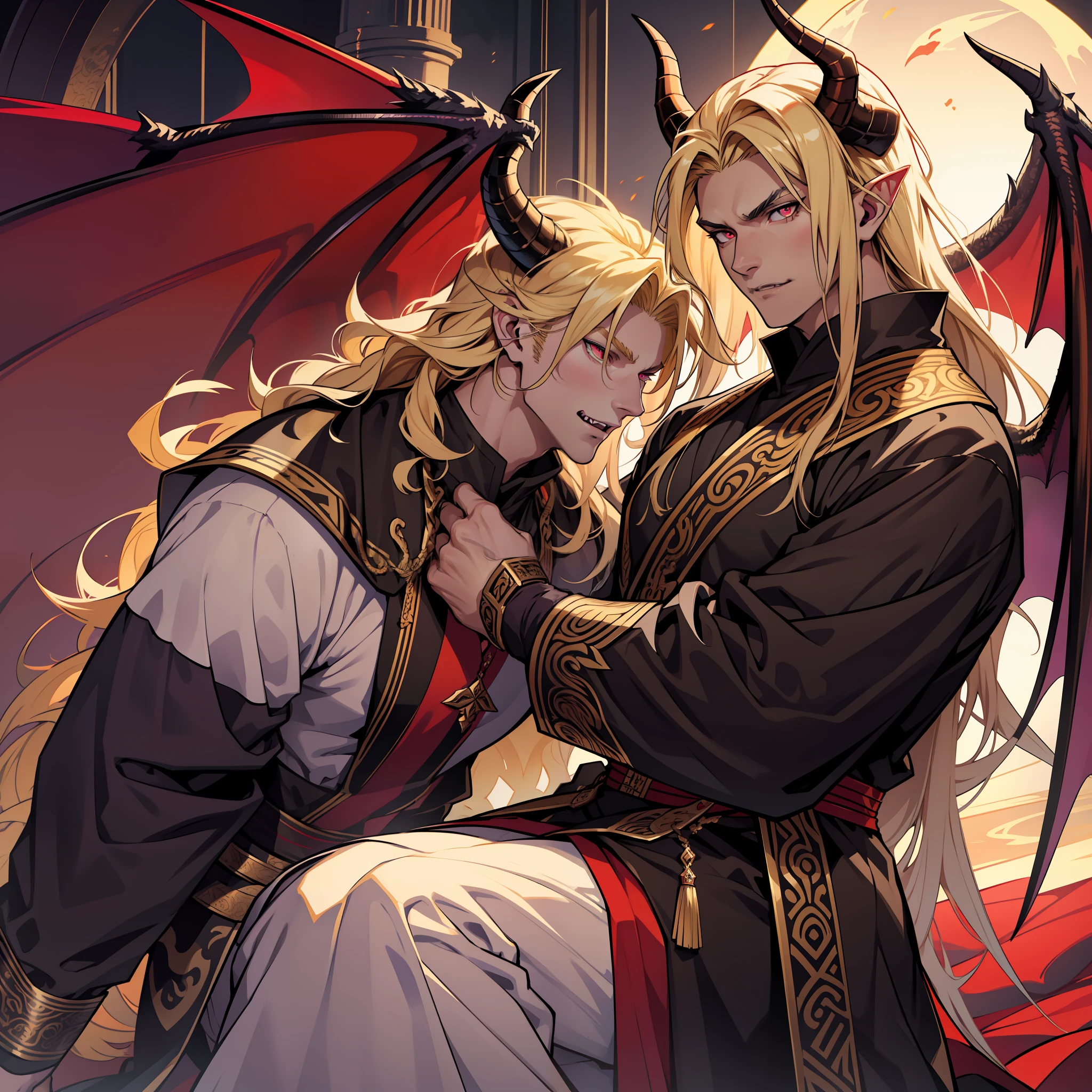 Dragon with black scales and long talons. Horns. Golden eyes. Huge wings. soft eyes. Dragon in human form. Lomg hair. Blonde hair. Red eyes. Roman nose. Fangs. Soft expression. Soft look. Tall muscular male. Purple attire. Dragon den