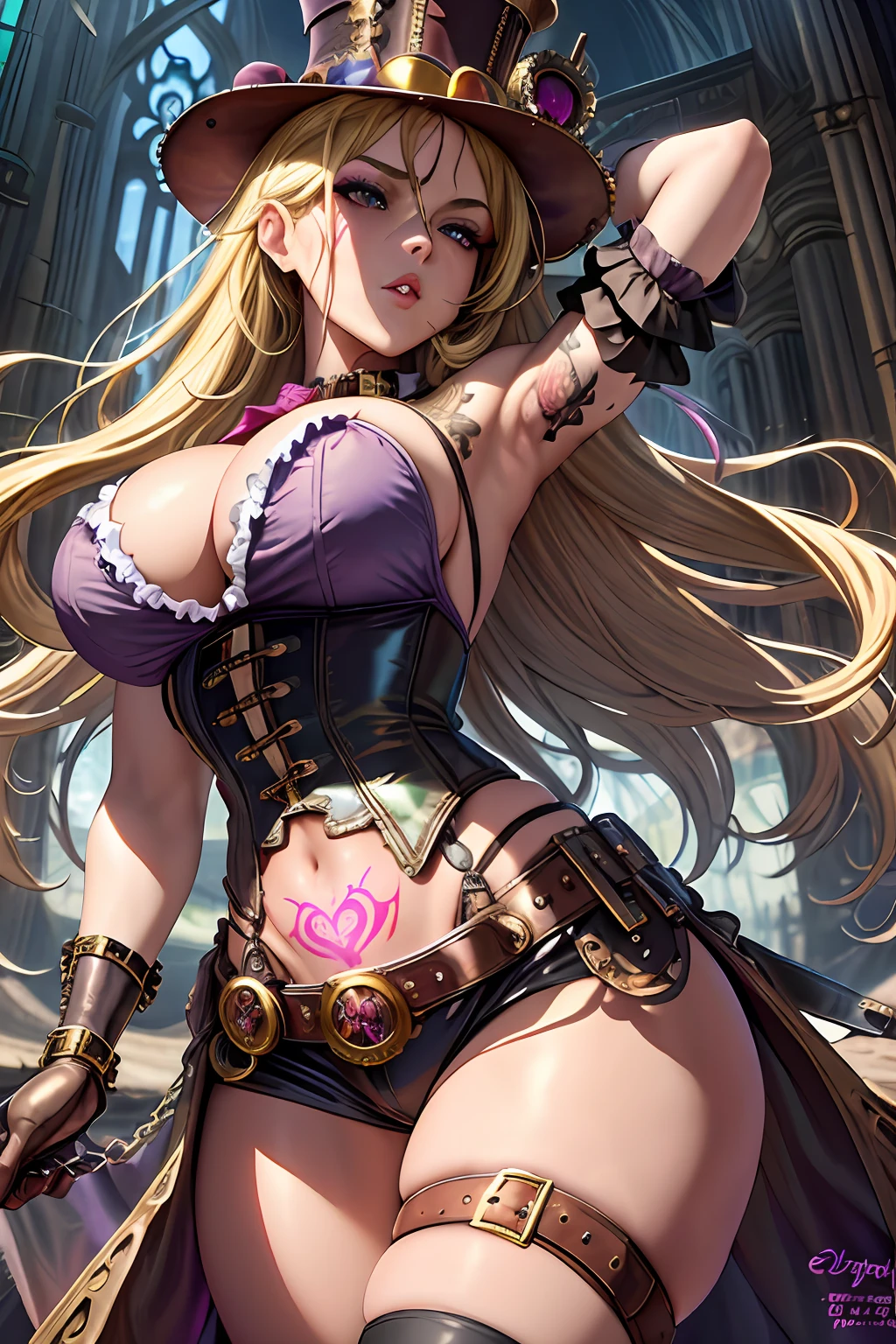 masterpiece, best_quality, 1girl, steampunk girl, purple corset, steampunk top hat, steampunk googles, malicious gal, victorian age dress,, leather and brass ornament, blonde_eyes, green_eyes, tattooed, gyaru, makeup, navel, midriff, toned, ruined gothic cathedral in background , steampunk style, (abs:0.8),