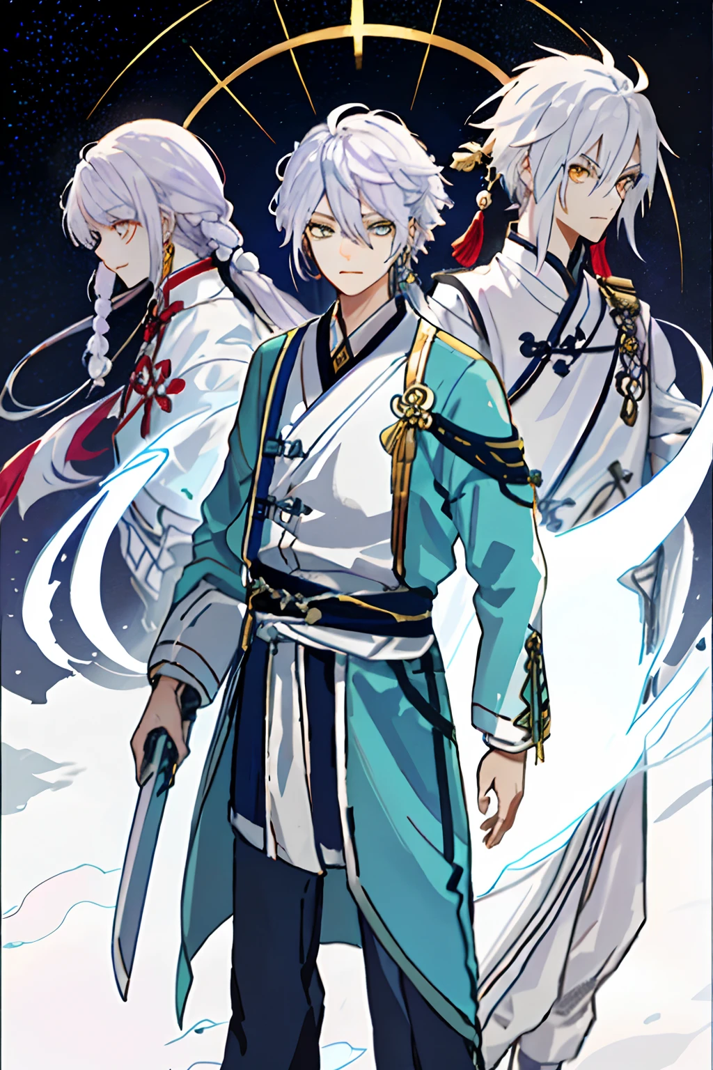 A ager with white hair but a lilac gradient,quadratic element,2D flat style painting。Golden eyes,There are earrings on the right ear,Dressed in period costume,He had a sword on him,stand posture,Handsome,There is only one person in the picture,Medium length hair,wearing ancient Chinese costume,The clothes are tattered,Quacks,Be in spirits,shoun,Place one hand on your waist,Hair and shoulder length,